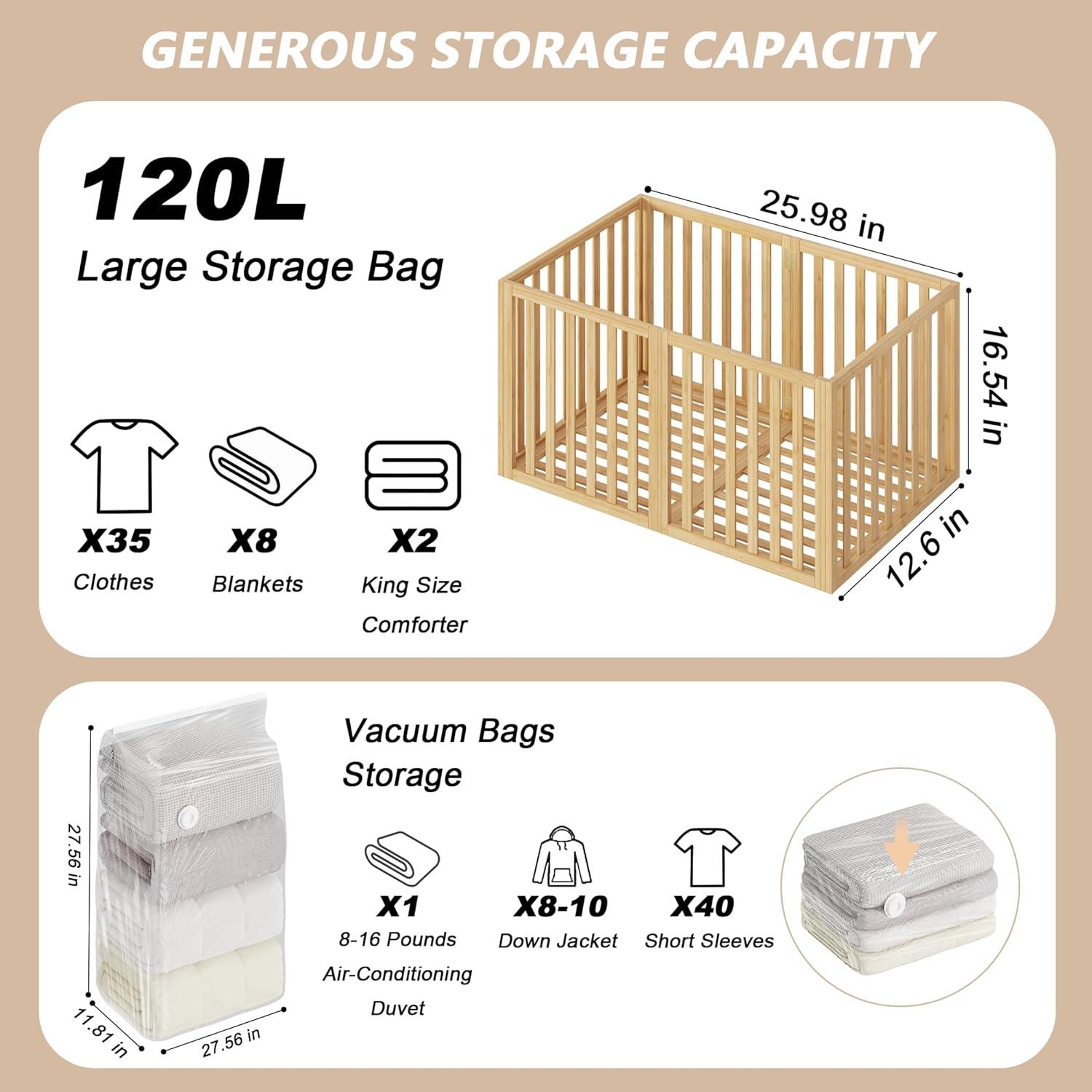 Bamboo Under Bed Storage Containers- Underbed Organizer with Wheels with Large Capacity Dust Bag,Sturdy Wood Rolling Under Bed Shoe Storage Organizer Drawer 2 Packs (Nature, Small)