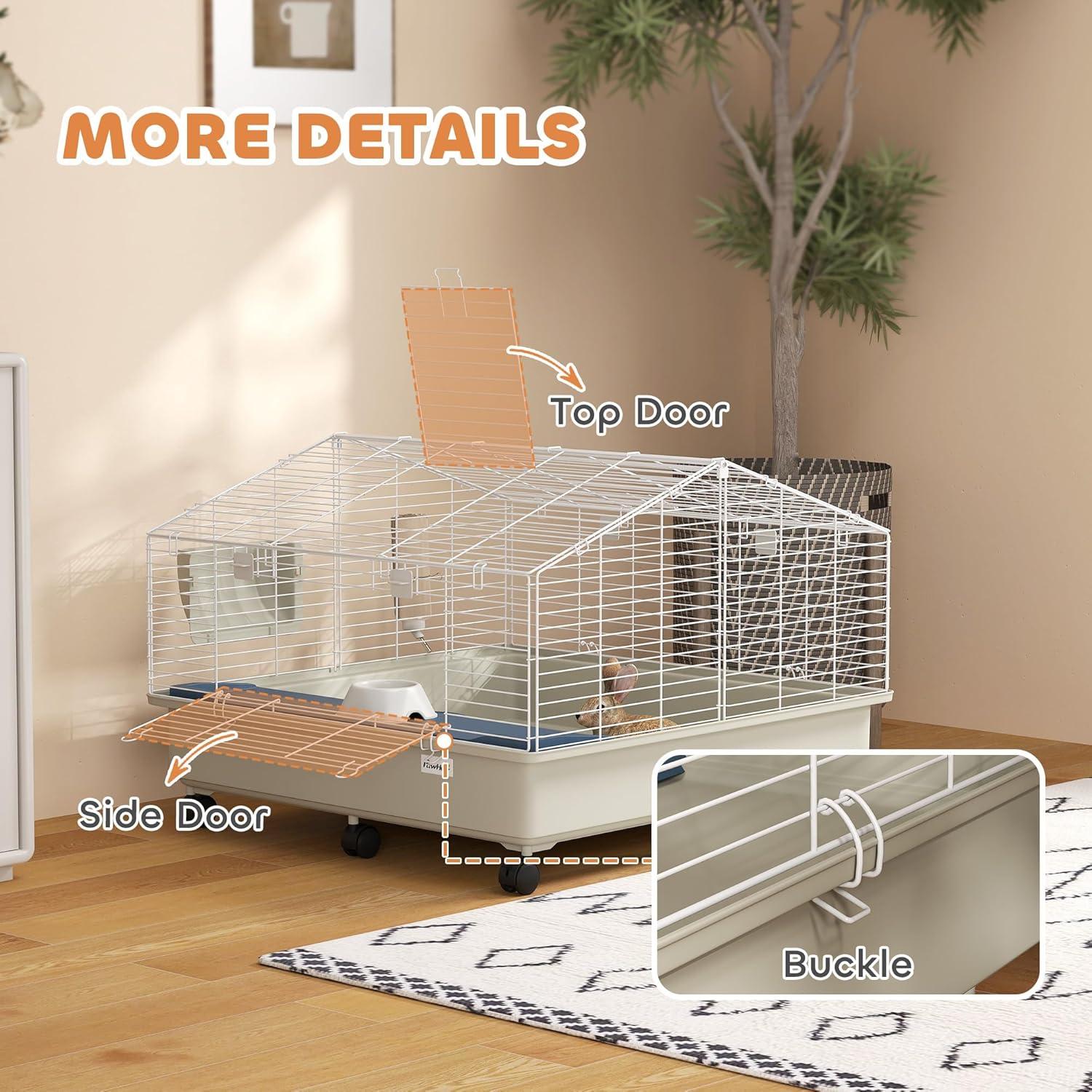 PawHut Small Animal Cage, Rolling Guinea Pig Cage with Water Bottle, Hay Feeder, Food Dish, Ramp, for Rabbits, Hedgehogs, 35" x 35" x 25", White