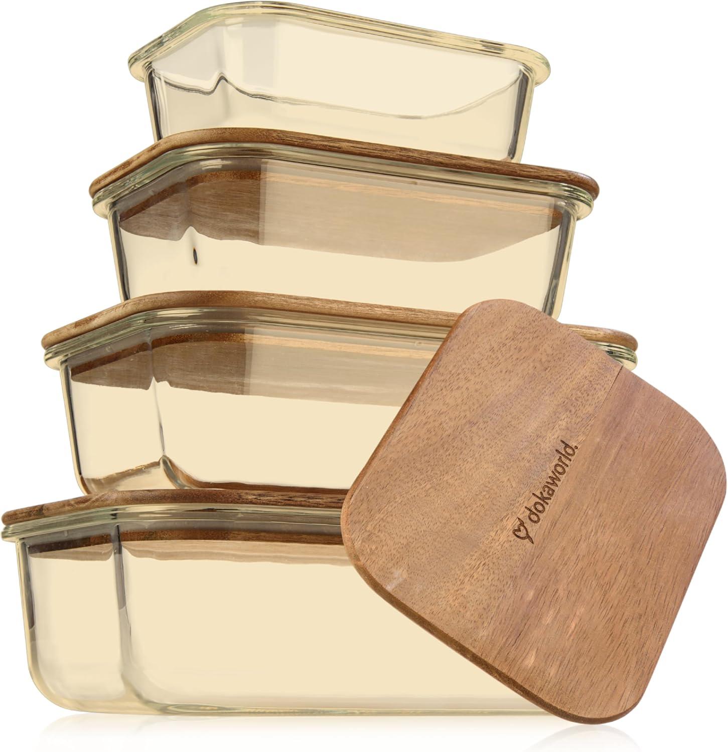 Amber Glass Meal Prep Containers with Acacia Lids, Set of 4