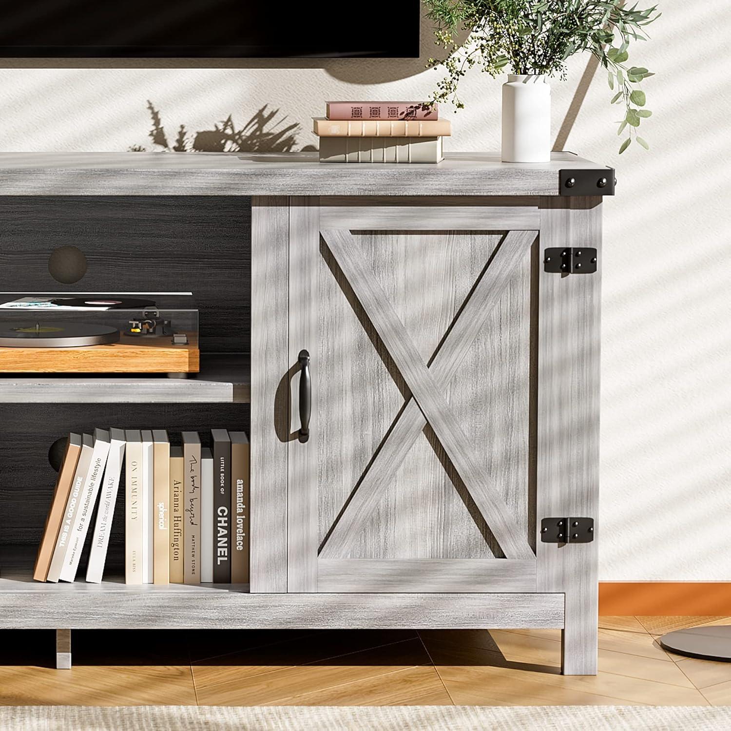 Gray Wash Barn Door TV Stand with Storage Cabinets