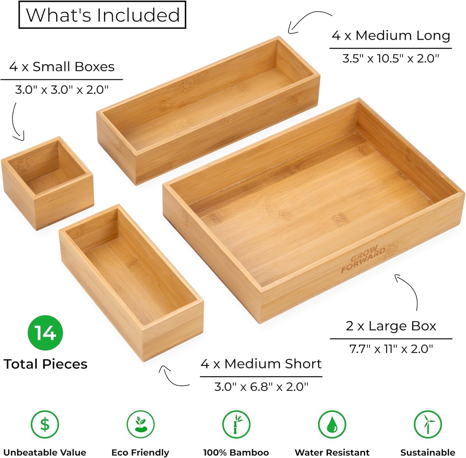 SpaceAid 14-Piece Bamboo Drawer Organizer Set, Multi-Use Wood Tray Dividers For Kitchen, Bathroom, Office Desk, And Makeup Storage (Natural)