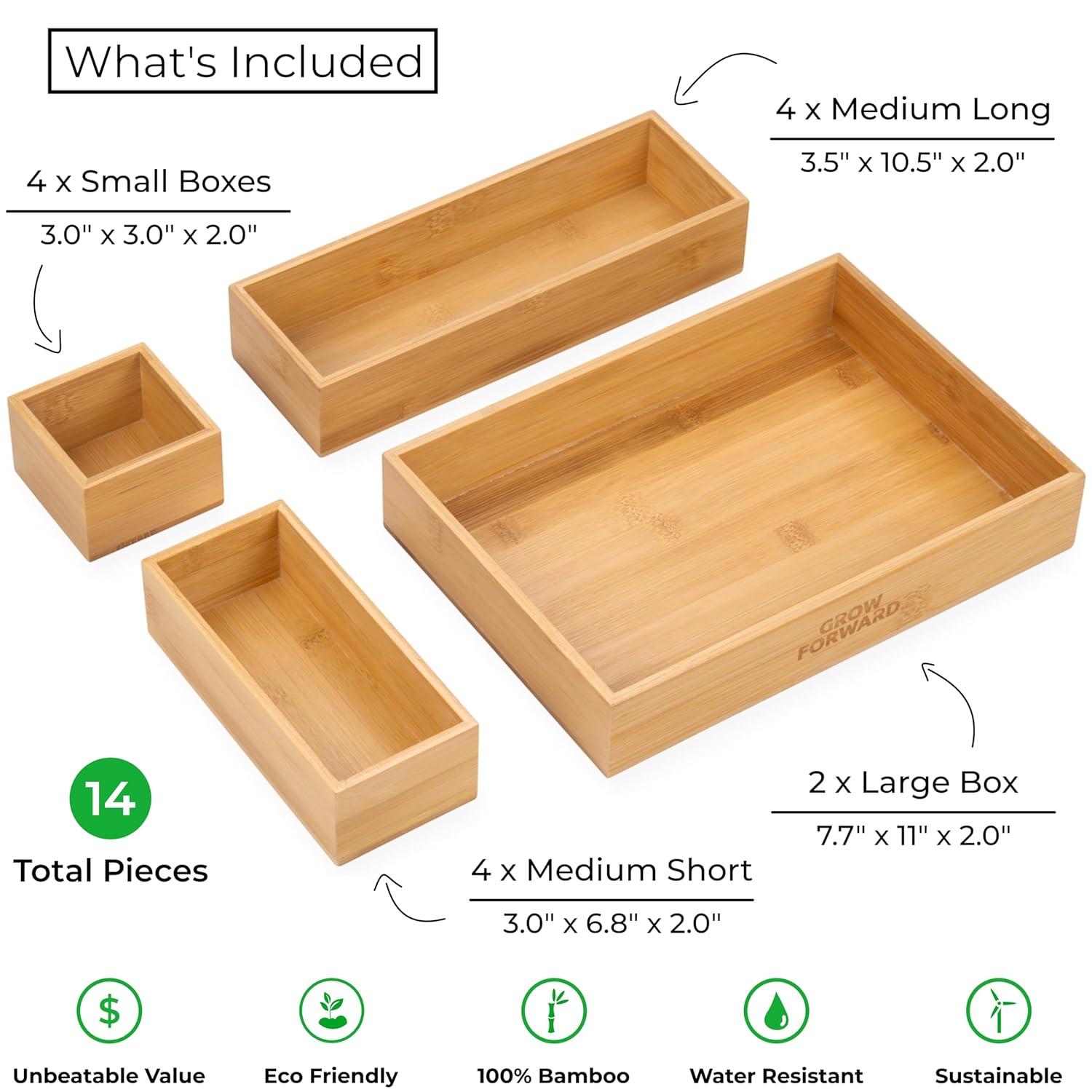 SpaceAid 14-Piece Bamboo Drawer Organizer Set, Multi-Use Wood Tray Dividers For Kitchen, Bathroom, Office Desk, And Makeup Storage (Natural)