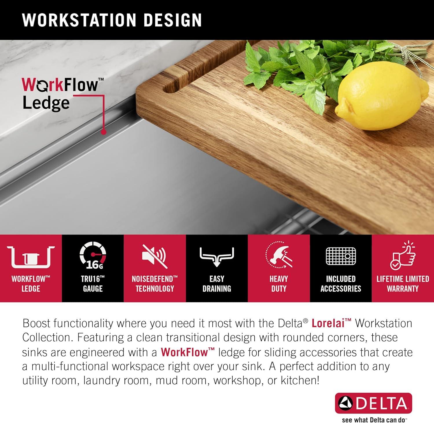 Delta Lorelai™ 24" L Workstation Laundry Utility Kitchen Sink Undermount 16 Gauge Stainless Steel Single Bowl