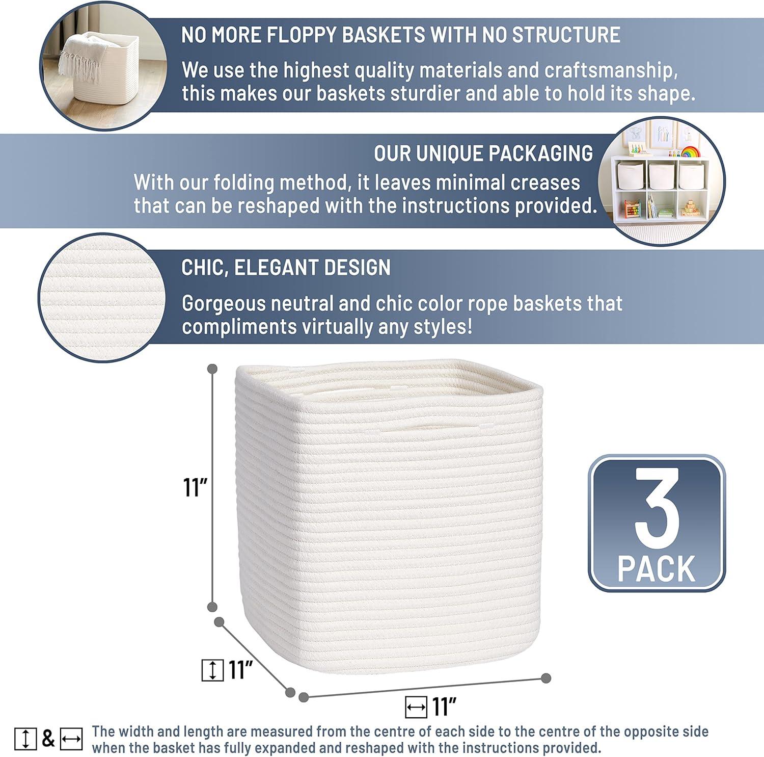 Storage Cube Baskets for Organizing - 3 Pack - 11 inch Square Baskets for Cube Storage, Closet Storage Bins - Woven Cube Storage Bins for Shelves - Cube Drawer - Ideal for Toy Storage |White