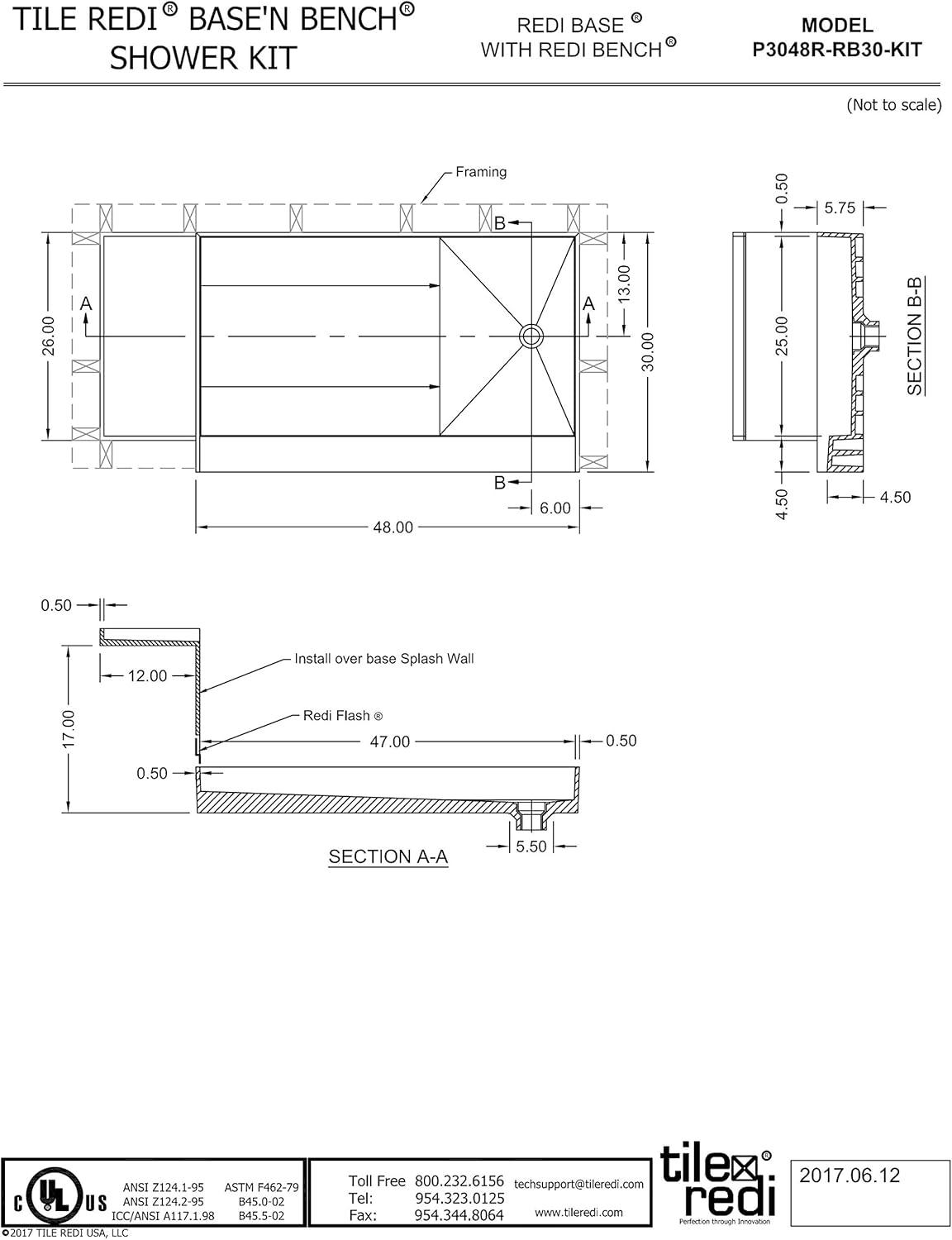 Tile Redi Base'N Bench Single Threshold Shower Base with Bench and Drain Plate