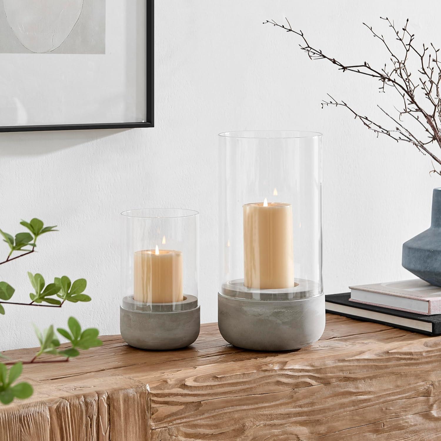 Large Clear Glass and Gray Cement Hurricane Candle Holder