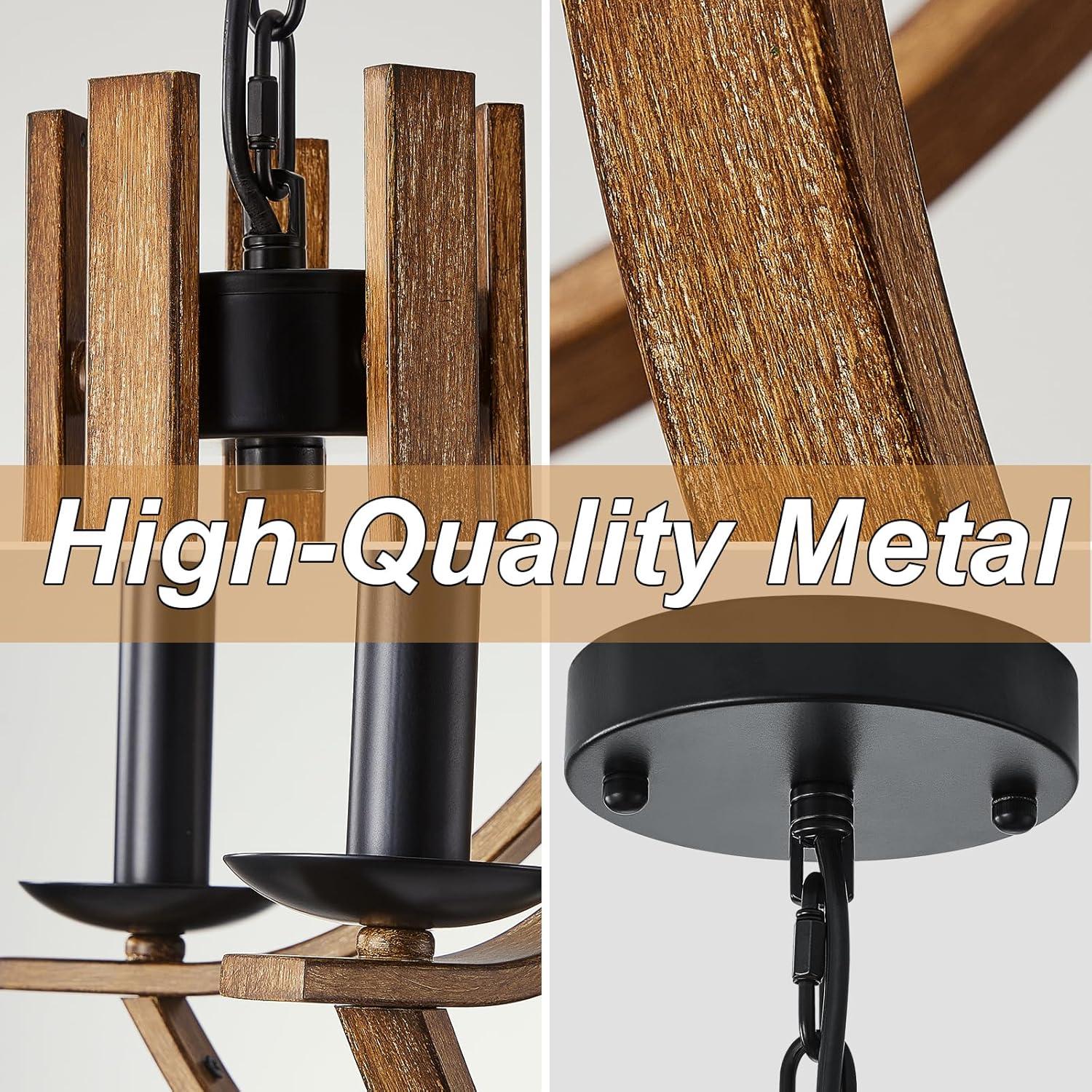 22“ Farmhouse Wooden Chandelier Modern Vintage 5-Lights Candle Style Chandeliers with Wood Finish Metal Industrial Retro Rustic Black Chandelier for Dining Room, Kitchen, Living Room, E12