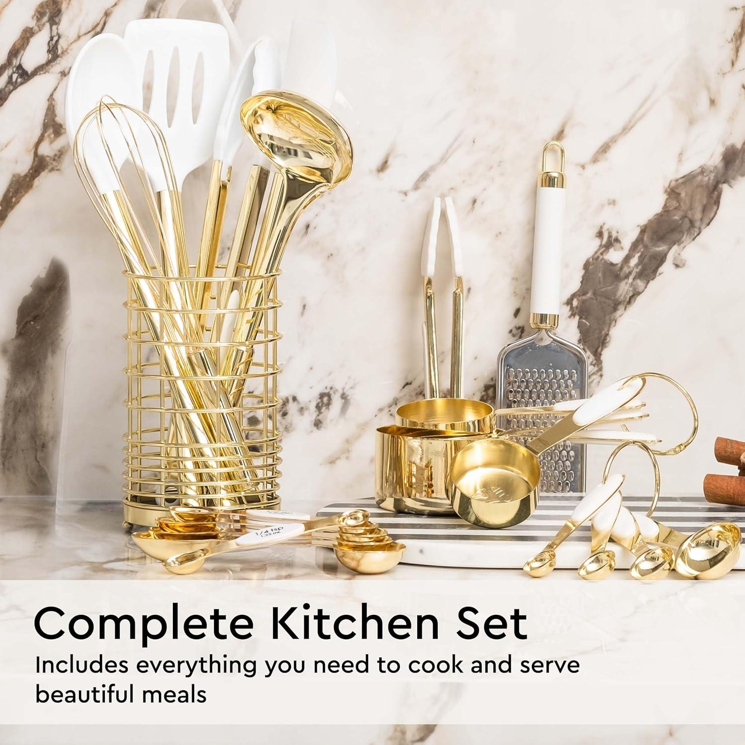 White and Gold Kitchen Utensils Set - 23 Piece Luxe White and Gold Kitchen Accessories Include Gold Measuring Cups and Spoons, White Silicone and Gold Cooking Utensils, White and Gold Kitchen Tools