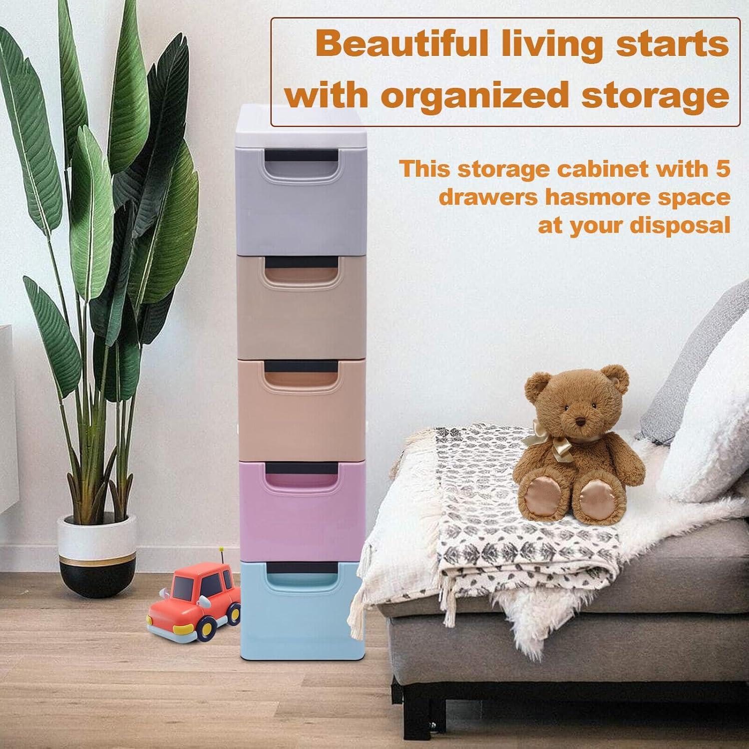 Peakora Plastic drawers dresser with 5 spacious drawers, transparent compartments, sturdy PP material, stackable design, easy to move with wheels, ideal for organizing clothes and accessories