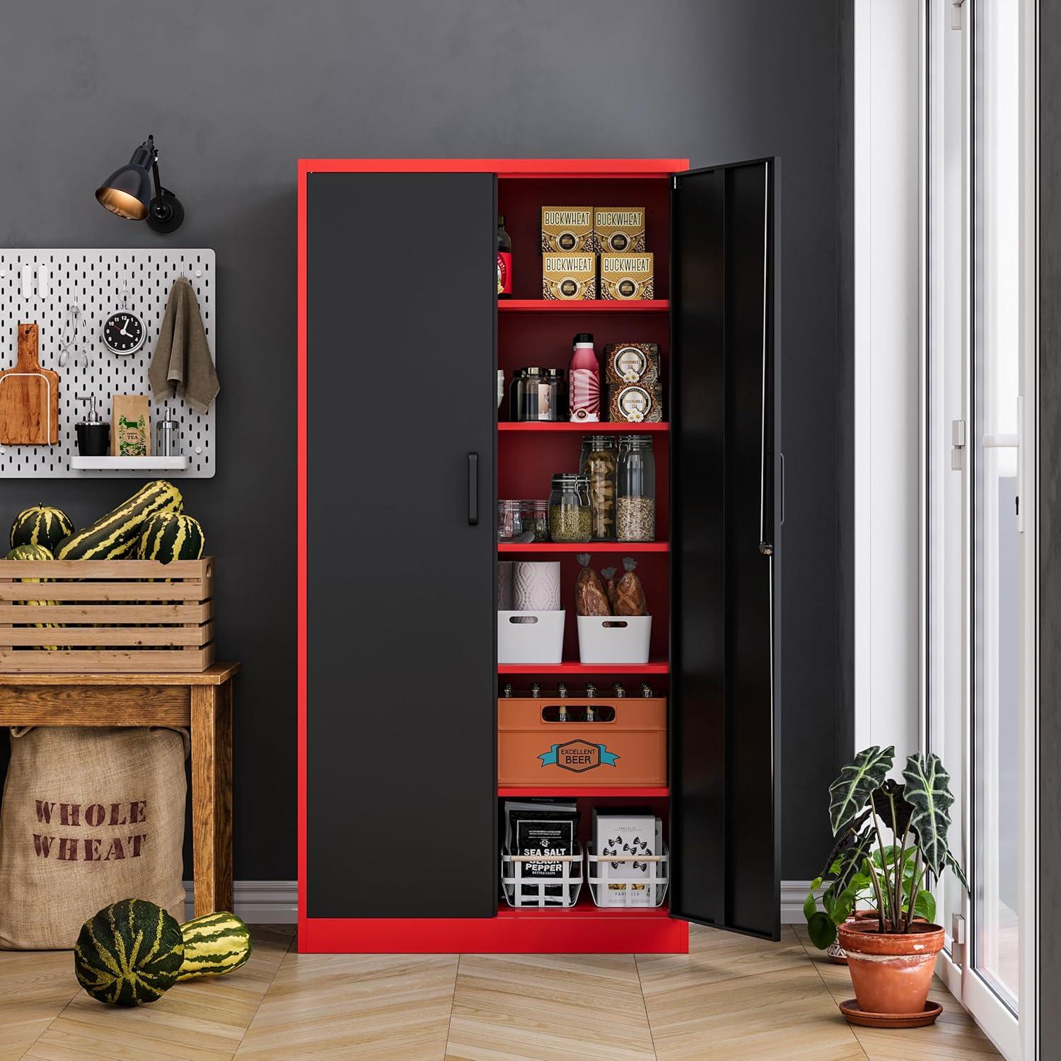 Tall Black and Red Steel Garage Storage Cabinet with Locking Doors