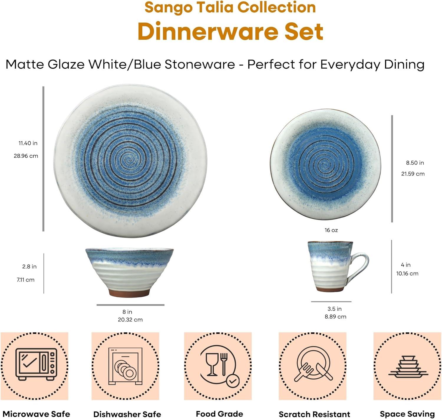 Sango Sango Talia 16-Piece Casual Blue Stoneware Dinnerware Set - Service For 4, Blue/White