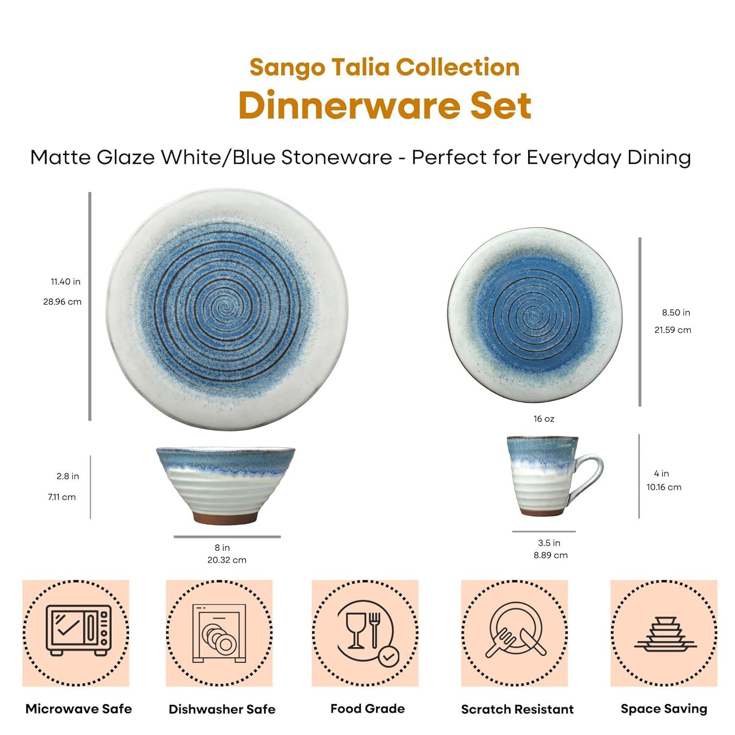 Sango Sango Talia 16-Piece Casual Blue Stoneware Dinnerware Set - Service For 4, Blue/White