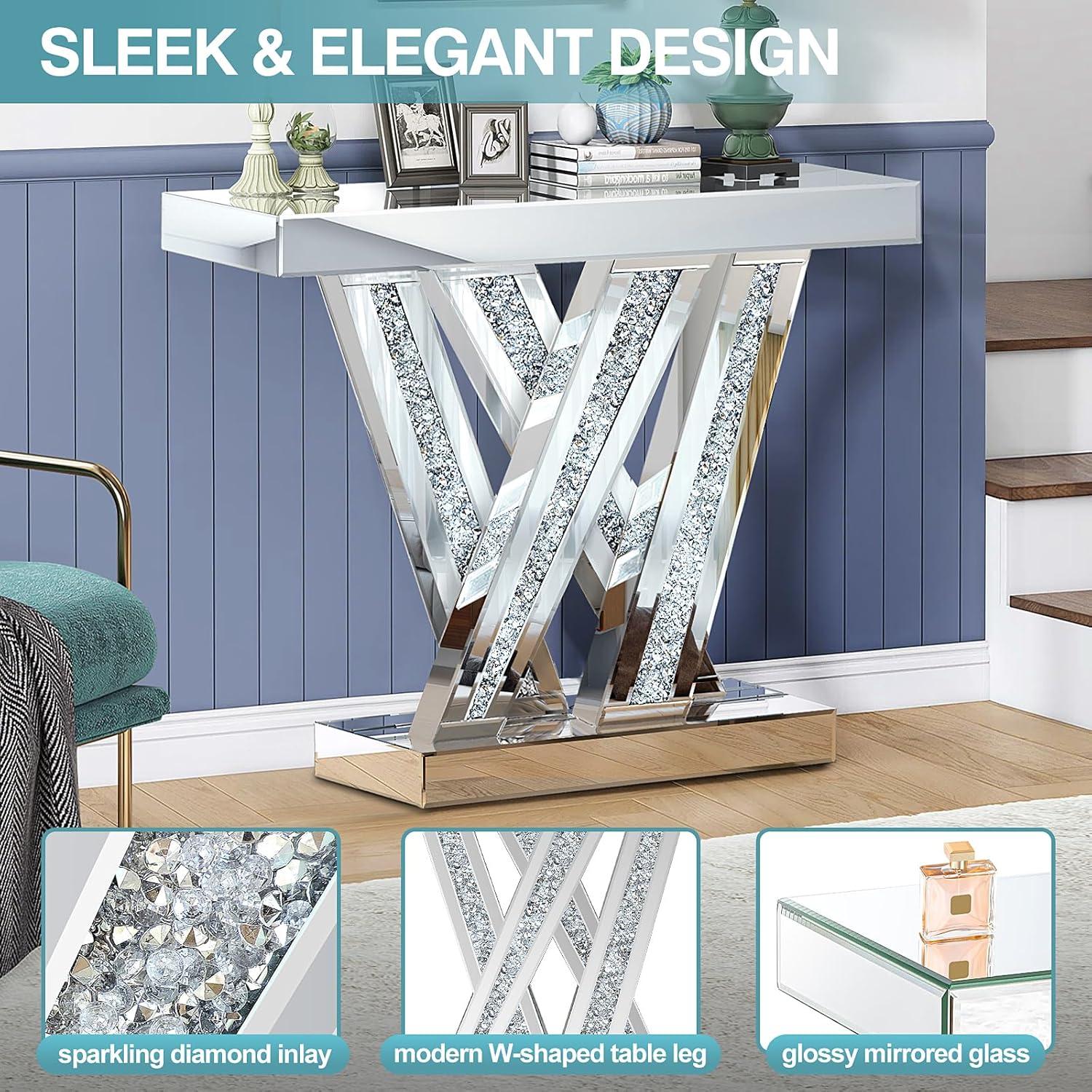 Modern Entryway Console Table With Crushed Diamond Inlay, 35" Silver Mirrored Glass Hallway Table For Entryway, Glam Decorative Sofa Tables For Living Room