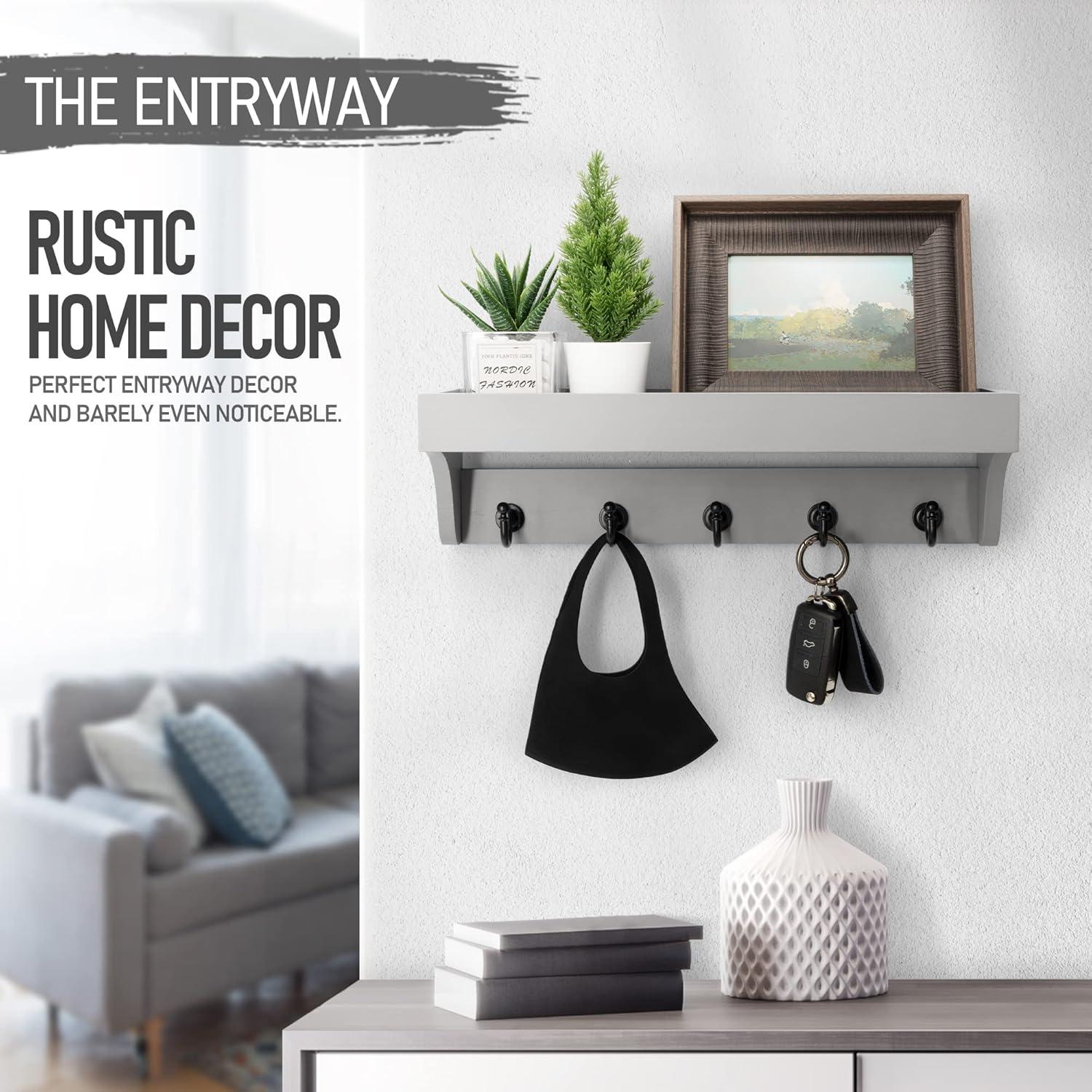 Gray Painted Wood Wall Mounted Key Holder with Shelf