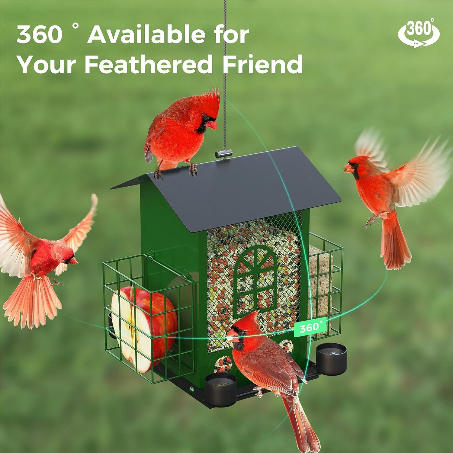 PerchMe®Bird Feeders for Outdoors Hanging, Metal Bird House Feeder with 2 Suet Cage and 4 Water Cups,Large Capacity,Weatherproof,Easy to Clean & Refill-Green