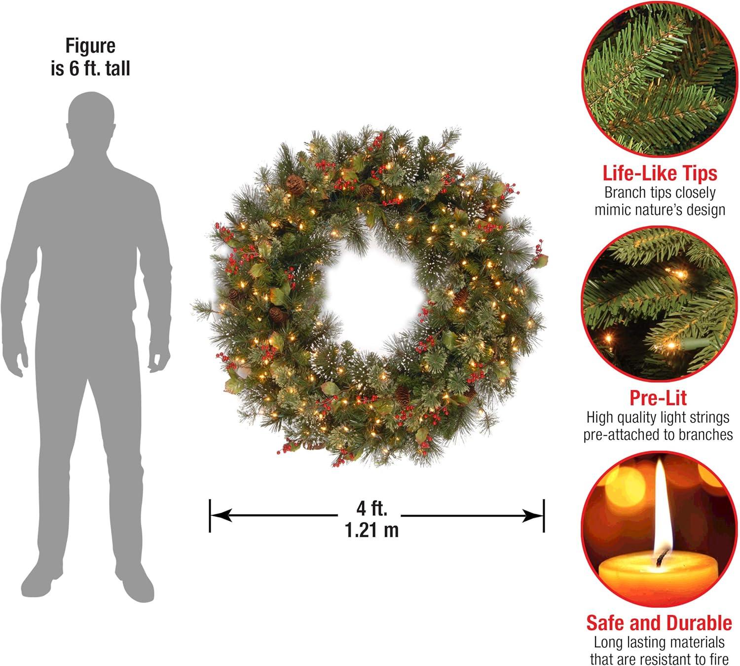 48" Prelit Wintry Pine Artificial Christmas Wreath with Pine Cones and Berries