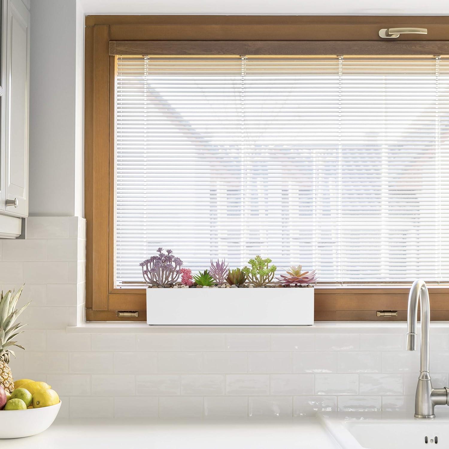 16" Window Box Rectangular Succulent Planting Box Metal Table Sill Planter Pots Modern Long Durable for Small Herb with Drainage Hole for Indoor Outdoor, with 4 Free Rubber Mats, White