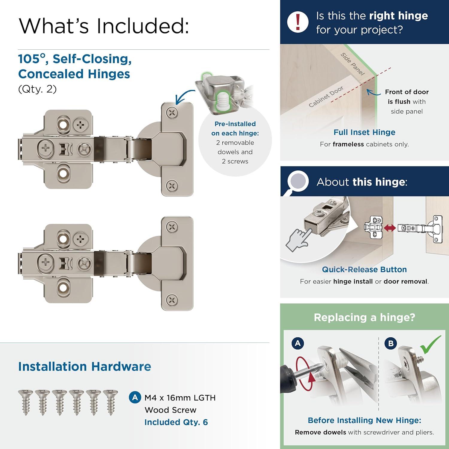 Full Inset Frameless Self Close Euro Concealed Cabinet Hinge - 1 Pair