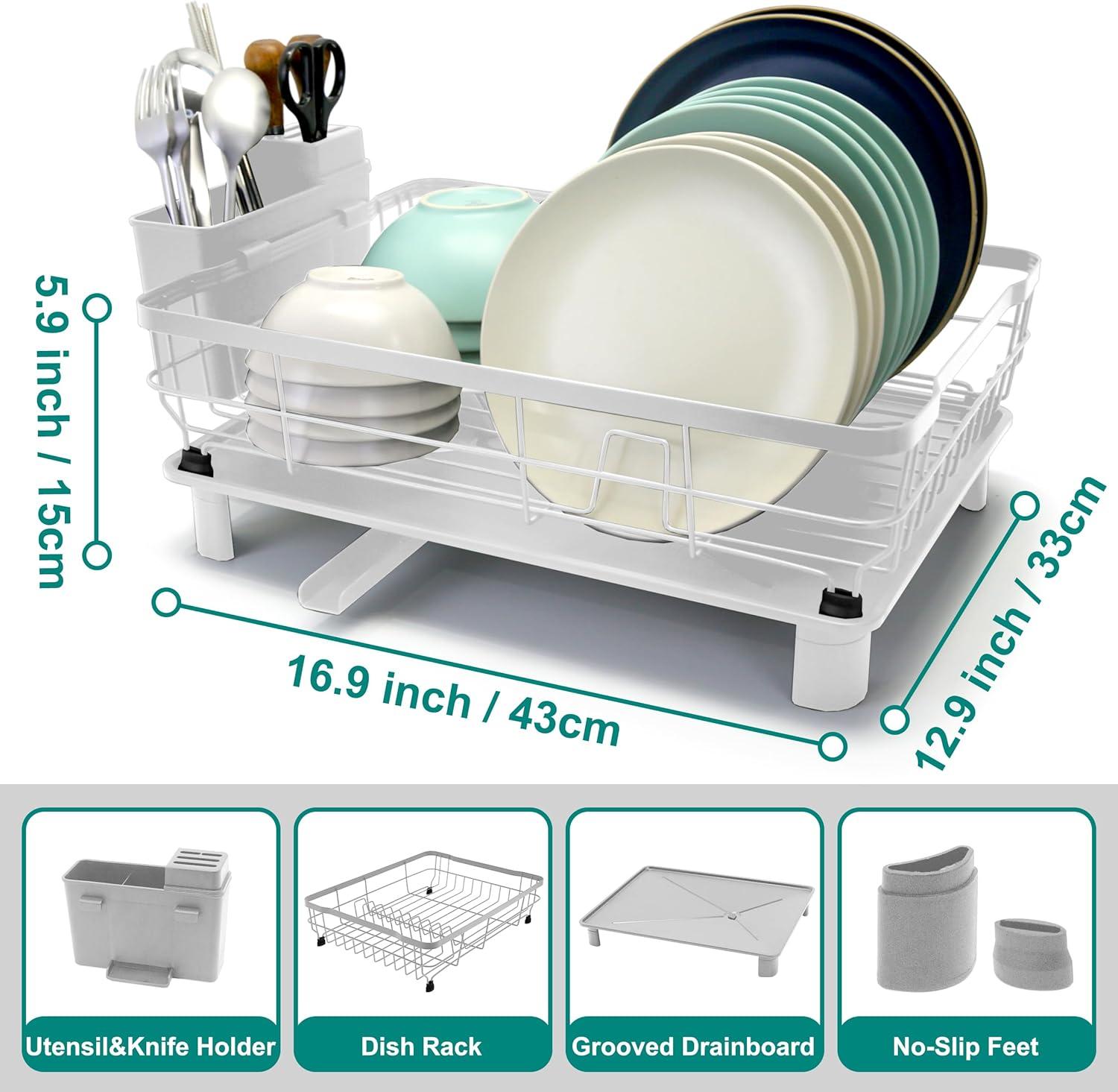 Dish Drying Rack for Kitchen Counter,Space-Saving Dish Rack with Drainboard,Rustproof Countertop Dish Drainer with Utensil Holder for Sink,White