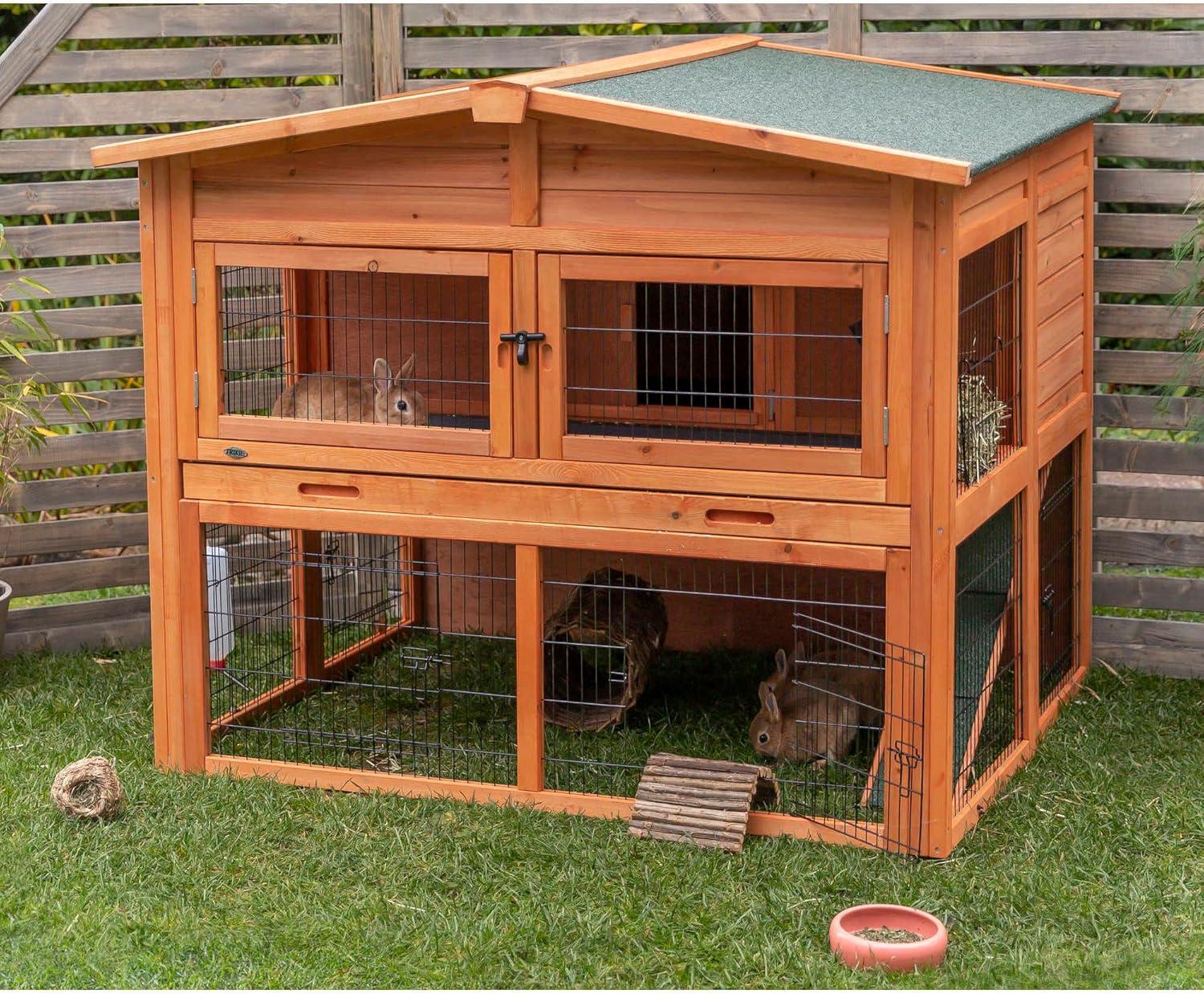 TRIXIE Deluxe 2-Story Rabbit Hutch with Run, Attic Storage Ramp, Ideal for Rabbits Guinea Pigs