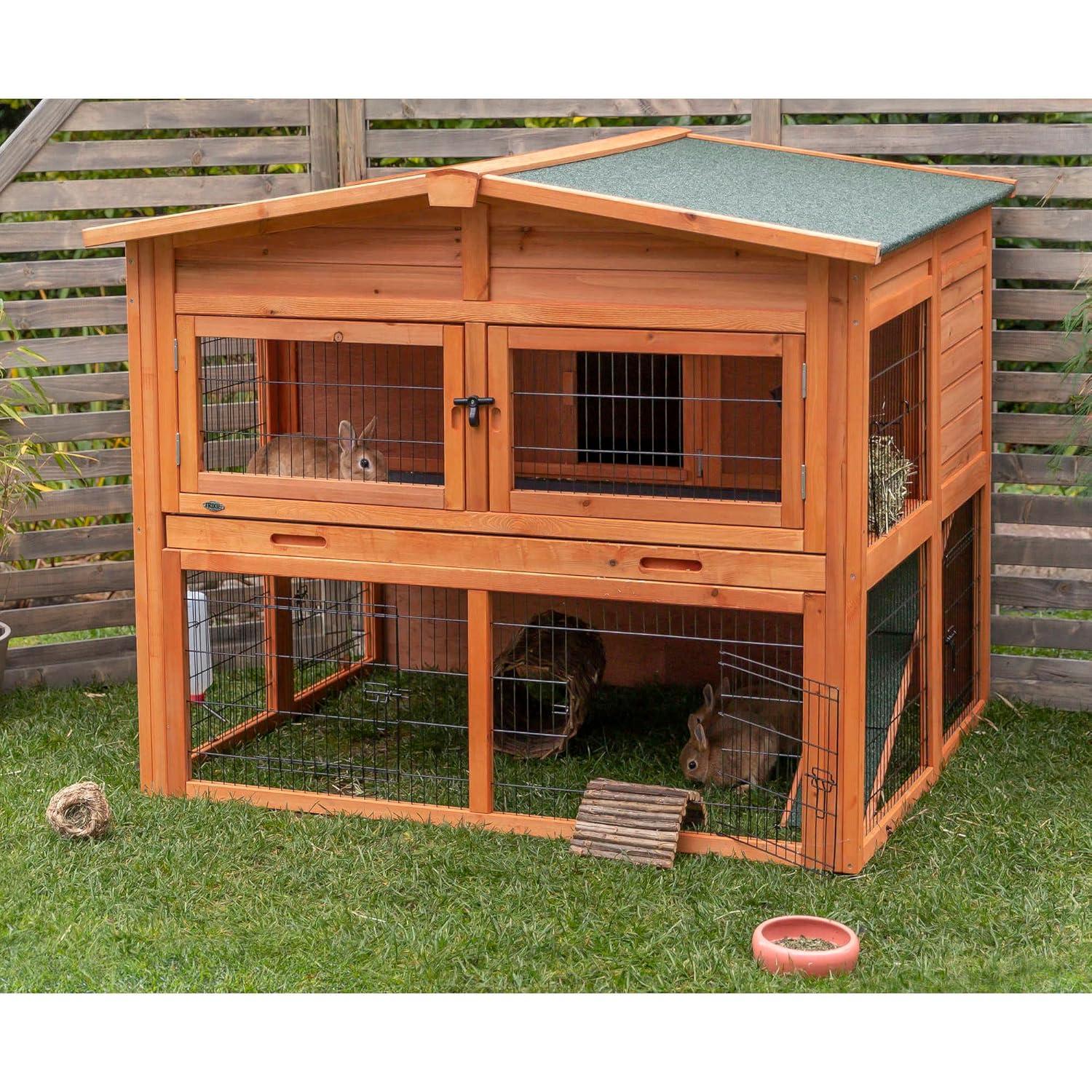 TRIXIE Deluxe 2-Story Rabbit Hutch with Run, Attic Storage Ramp, Ideal for Rabbits Guinea Pigs