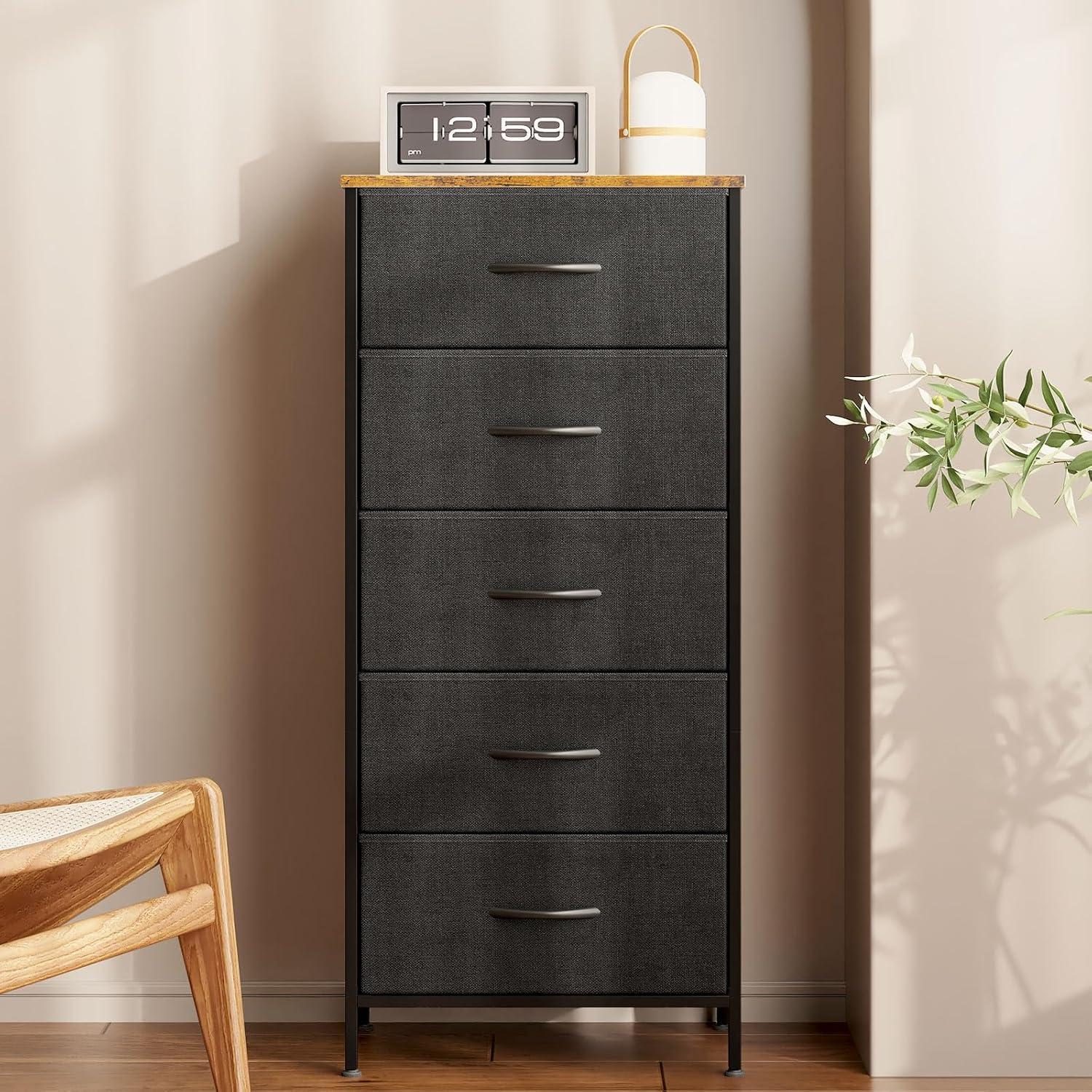 Dresser for Bedroom with 5 Storage Drawers, 40" Small Dresser Chest of Drawers Fabric Dresser with Sturdy Steel Frame, Black