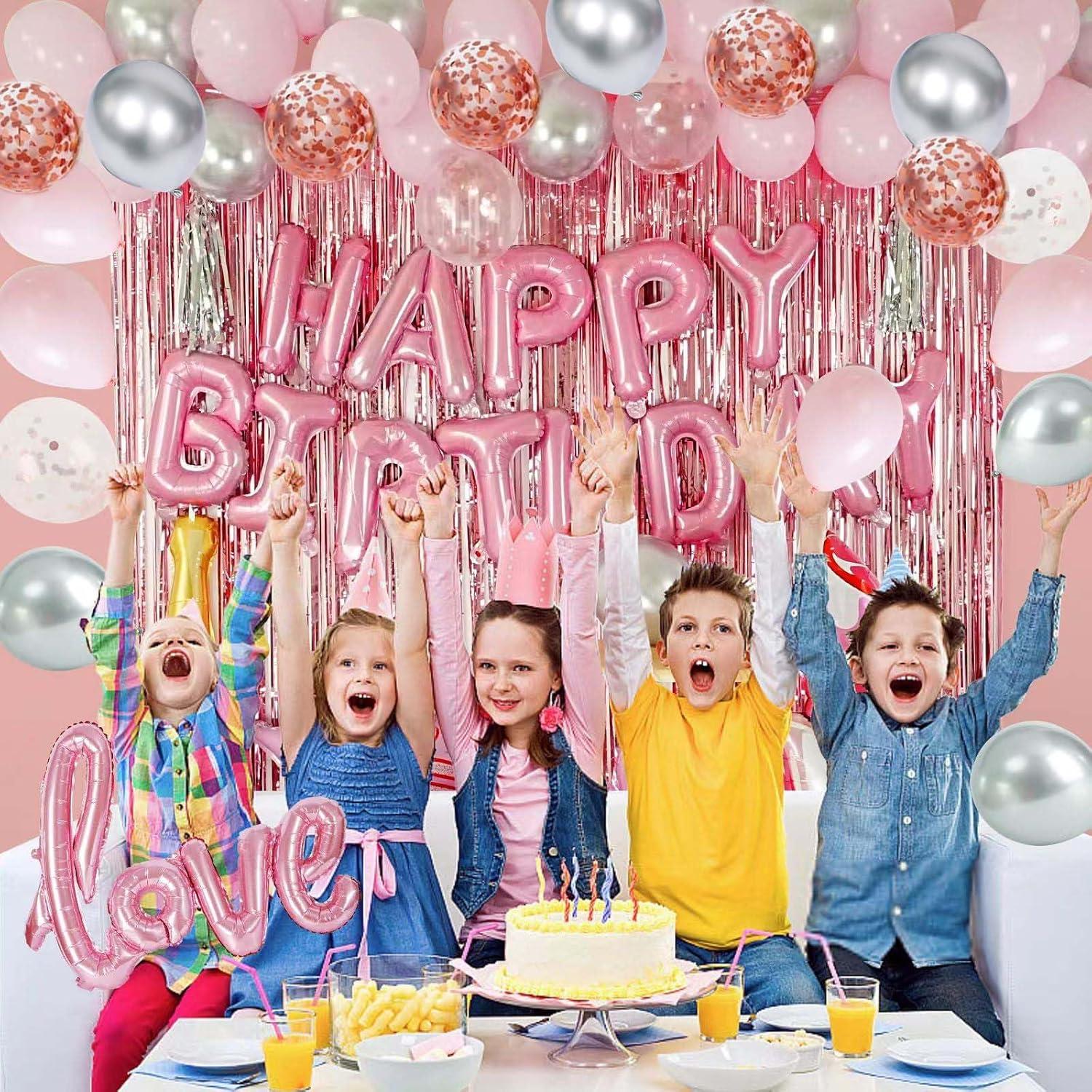 Pink and Silver Birthday Party Decoration Set with Balloons and Banner