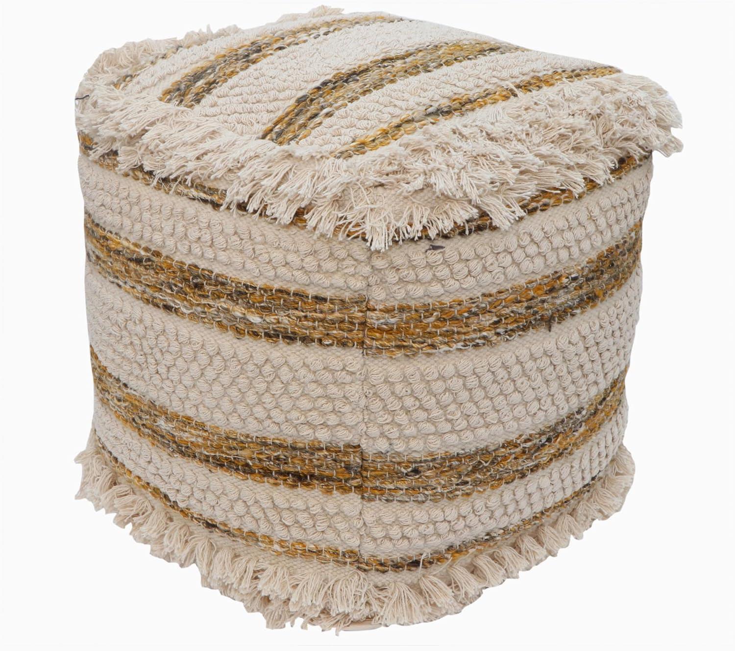 Aya 21" Round Cotton Wool Striped Pouf Ottoman with Tassel Fringe, Yellow/Brown