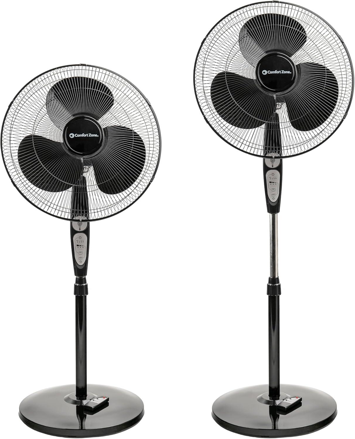 Comfort Zone 18” 3-Speed Oscillating Pedestal Fan with Remote Control, Adjustable Height, Adjustable Tilt, and Built-in Timer for Auto Shutoff, Black