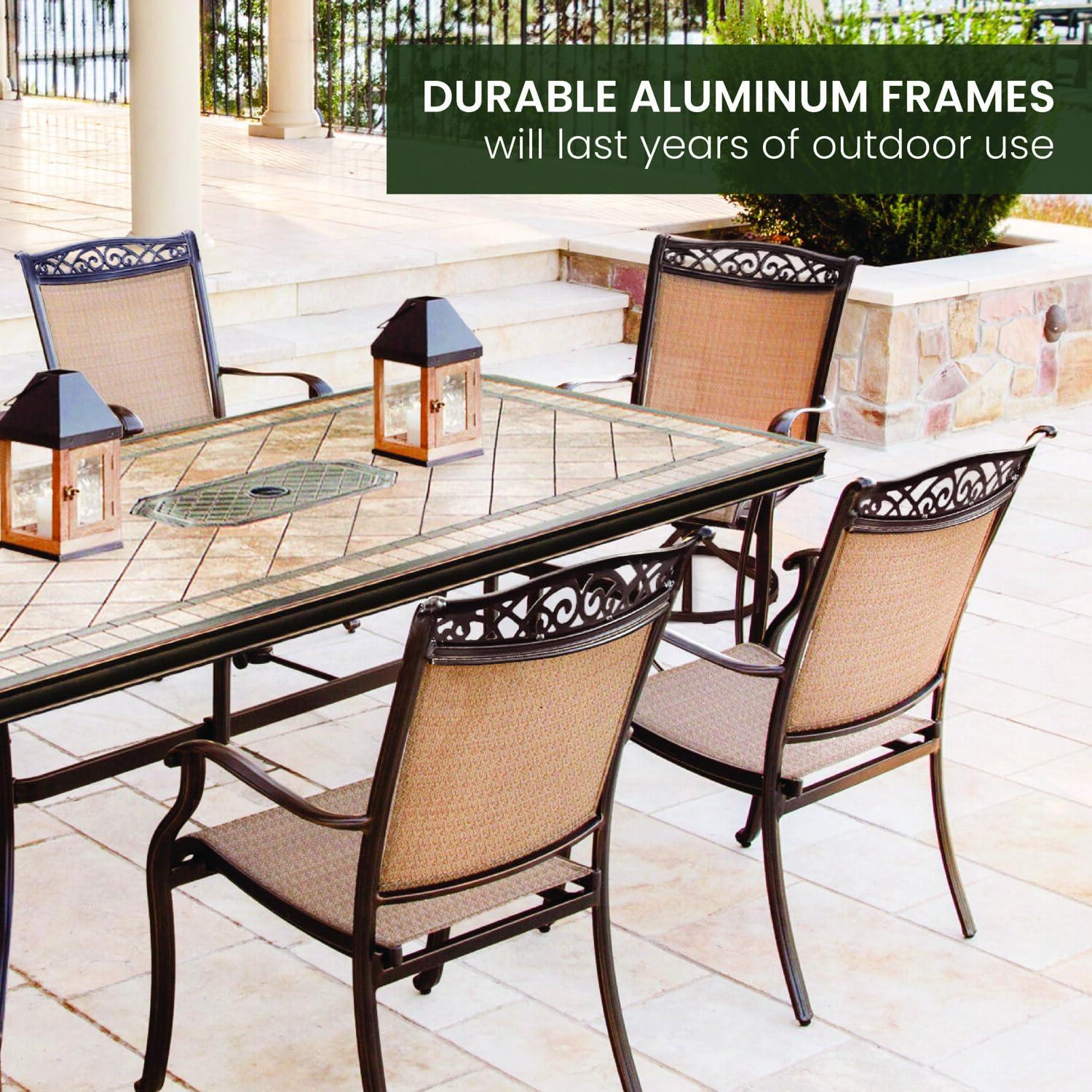 Hanover Fontana 7-Piece Outdoor Dining Set with 2 Sling Swivel Rockers, 4 Sling Chairs, and a 38-In. x 72-In. Cast-Top Table