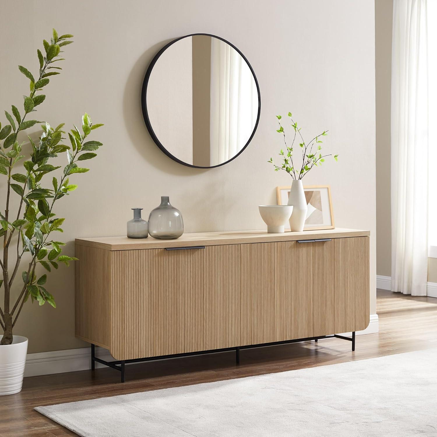 Walker Edison 69” Scandinavian 4-Door Reeded-Front Sideboard, Black & Coastal Oak