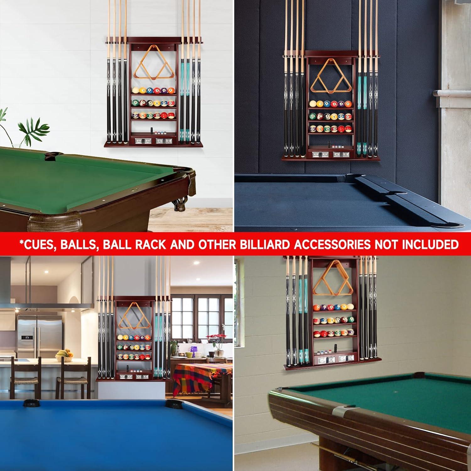 GSE Games & Sports Expert Pool Cue Stick Hanging Wall Mounting Rack with Score Counter, Cue Rack Only. Holds 8 Pool Cue Stick, Billiard Ball and Ball Rack - Mahogany