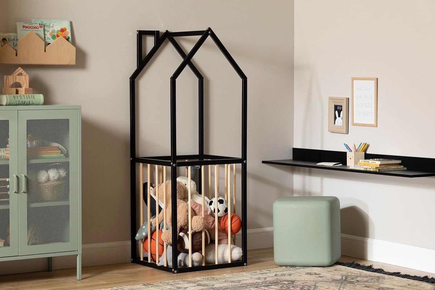 Scandinavian Black and Natural Wood House-Shaped Toy Storage Unit