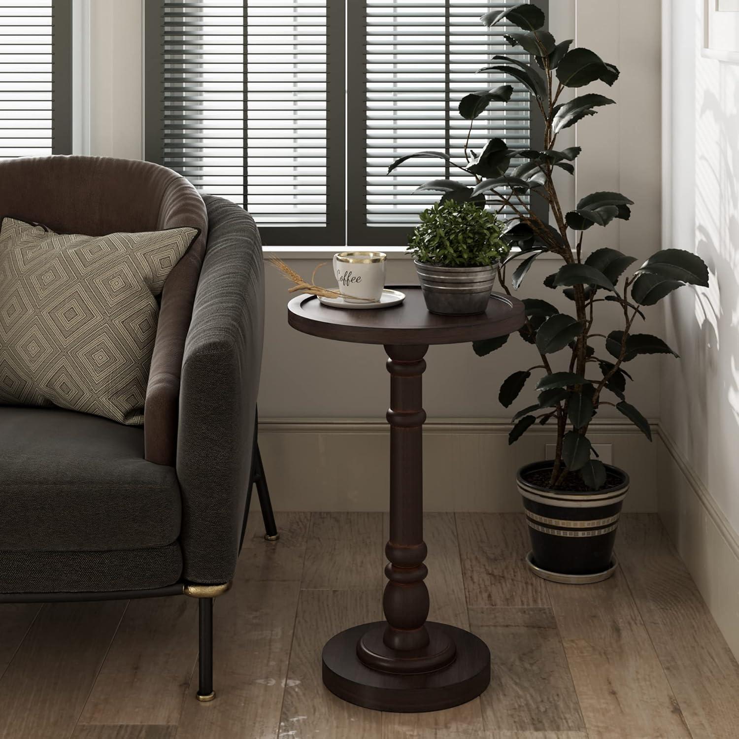 STKT Pedestal Small Drinking Table, Farmhouse Round Tray Top End Table, Distressed Brown