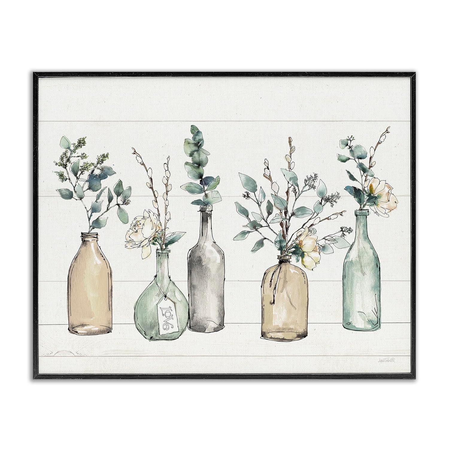 Stupell Industries Bottles And Plants Farm Wood Textured Design Framed Wall Art by Anne Tavoletti, 24" x 30", Black Framed