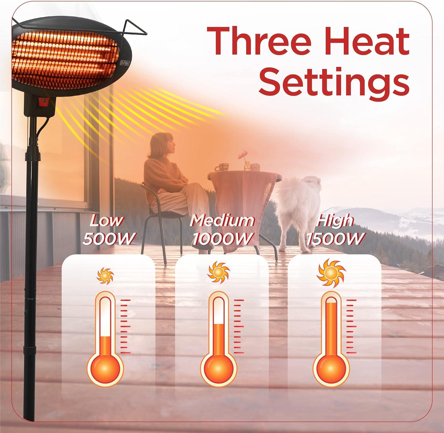 BLACK+DECKER Patio Floor Electric Heater, Patio Heater Stand for Outdoors with 3 Heat Settings