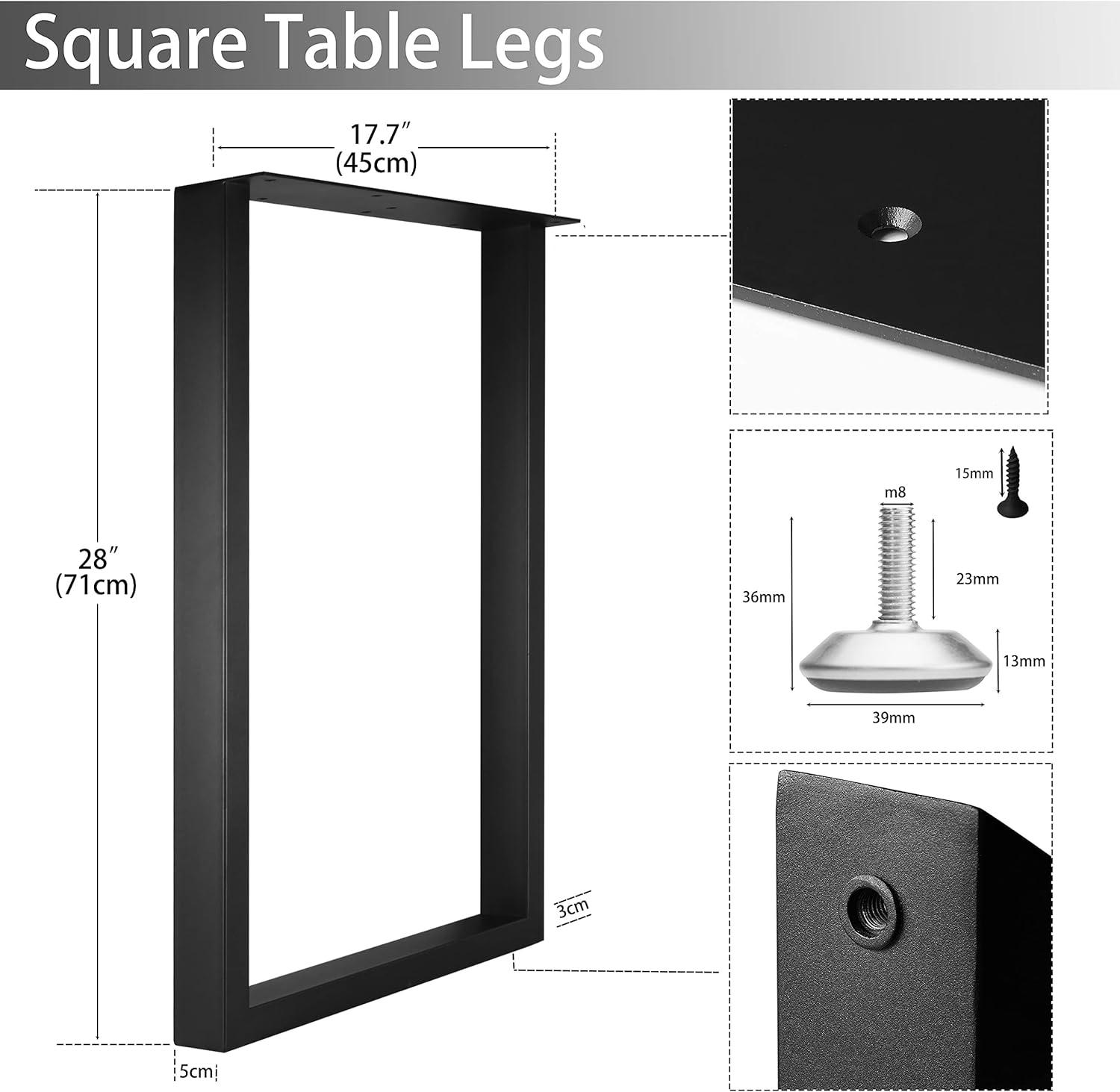 Matte Black Iron Square Tube Table Legs, 28"H x 17.7"W