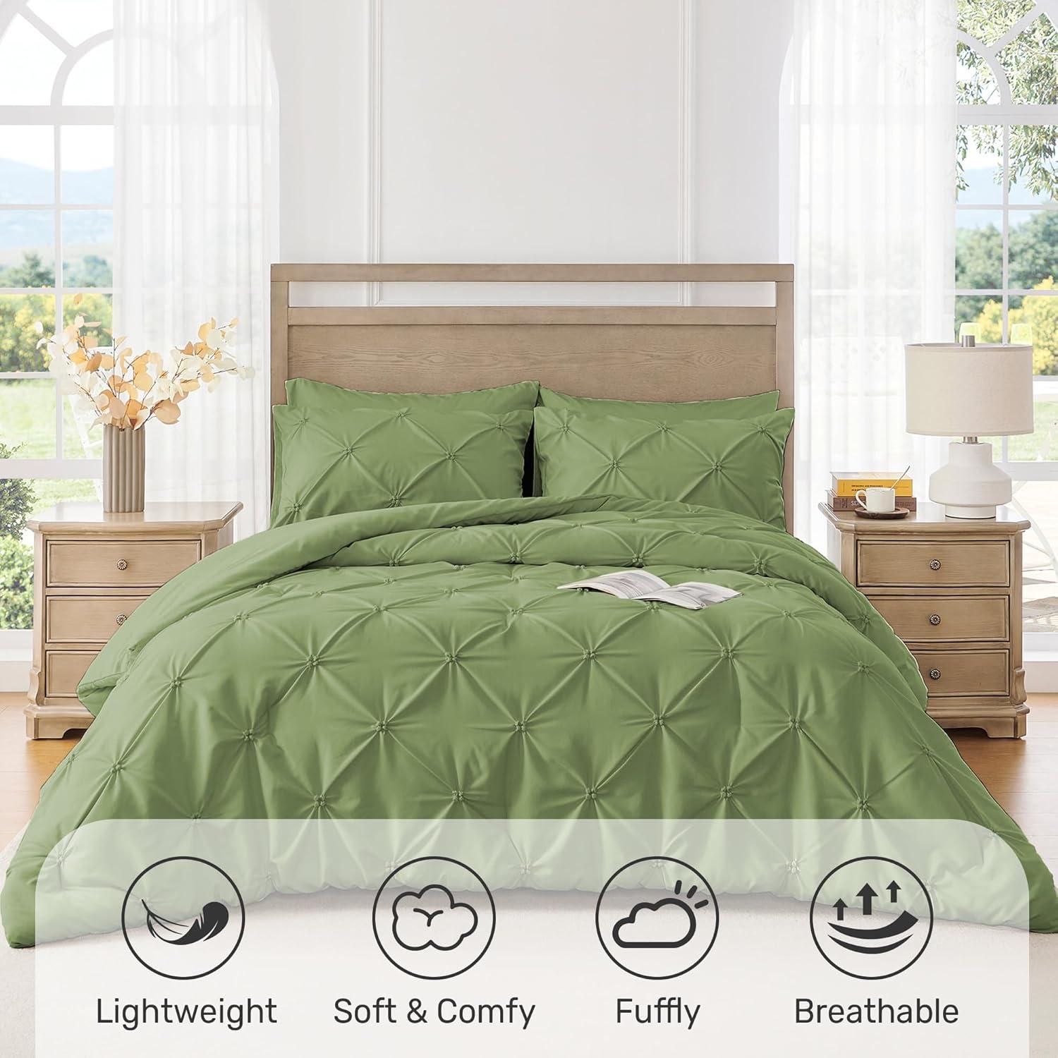 Peace Nest 3-Piece All Season Pinch Pleated Comforter Set, Olive, King