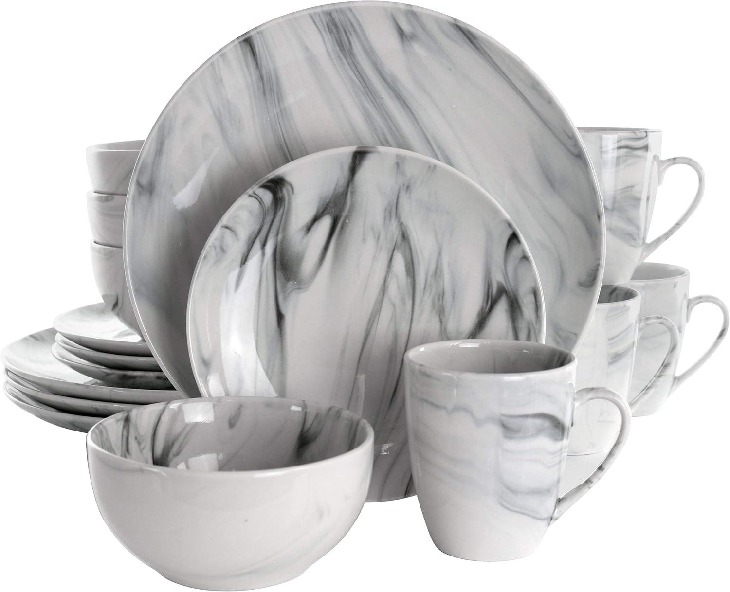 16-Piece Black and White Marble Ceramic Dinnerware Set