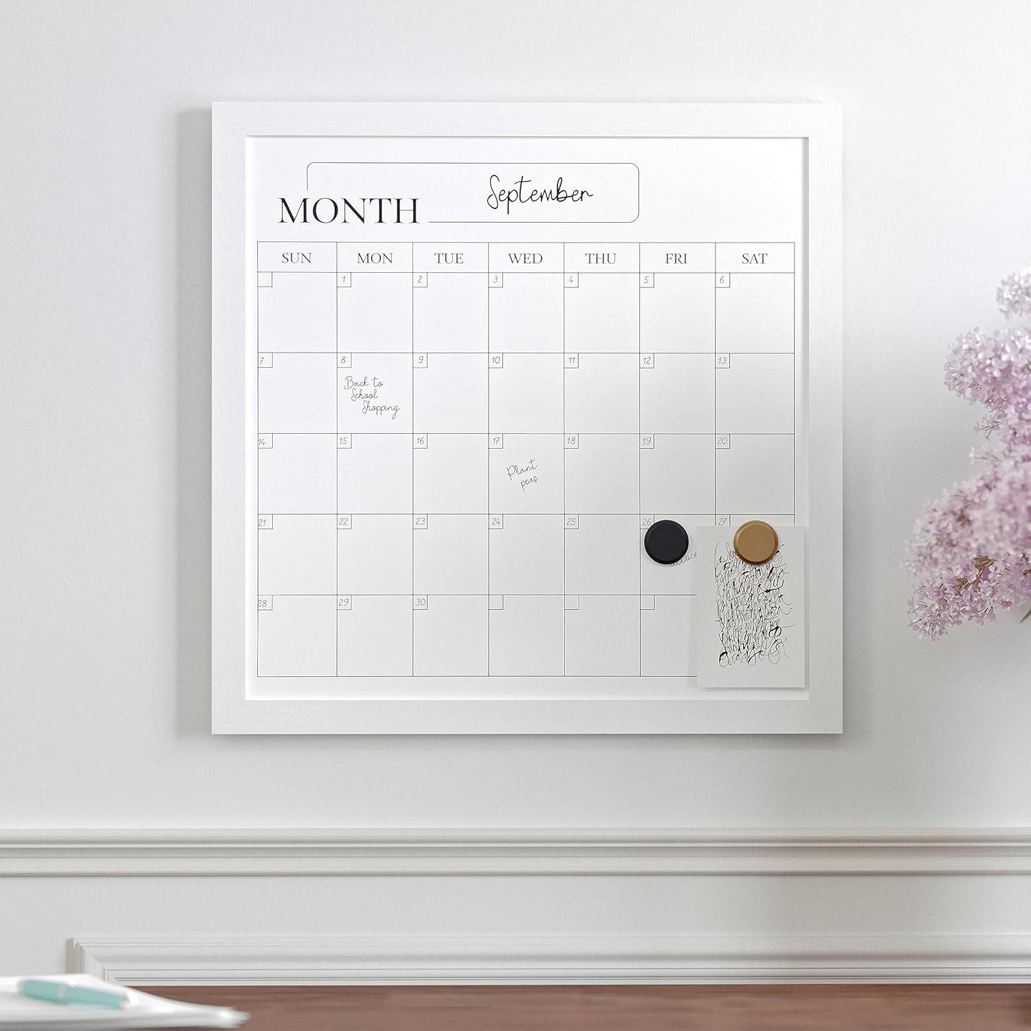 Thomas Martha Stewart Magnetic Monthly Calendar Dry Erase Board with Woodgrain Frame, Dry Erase Marker, and 2 Magnets