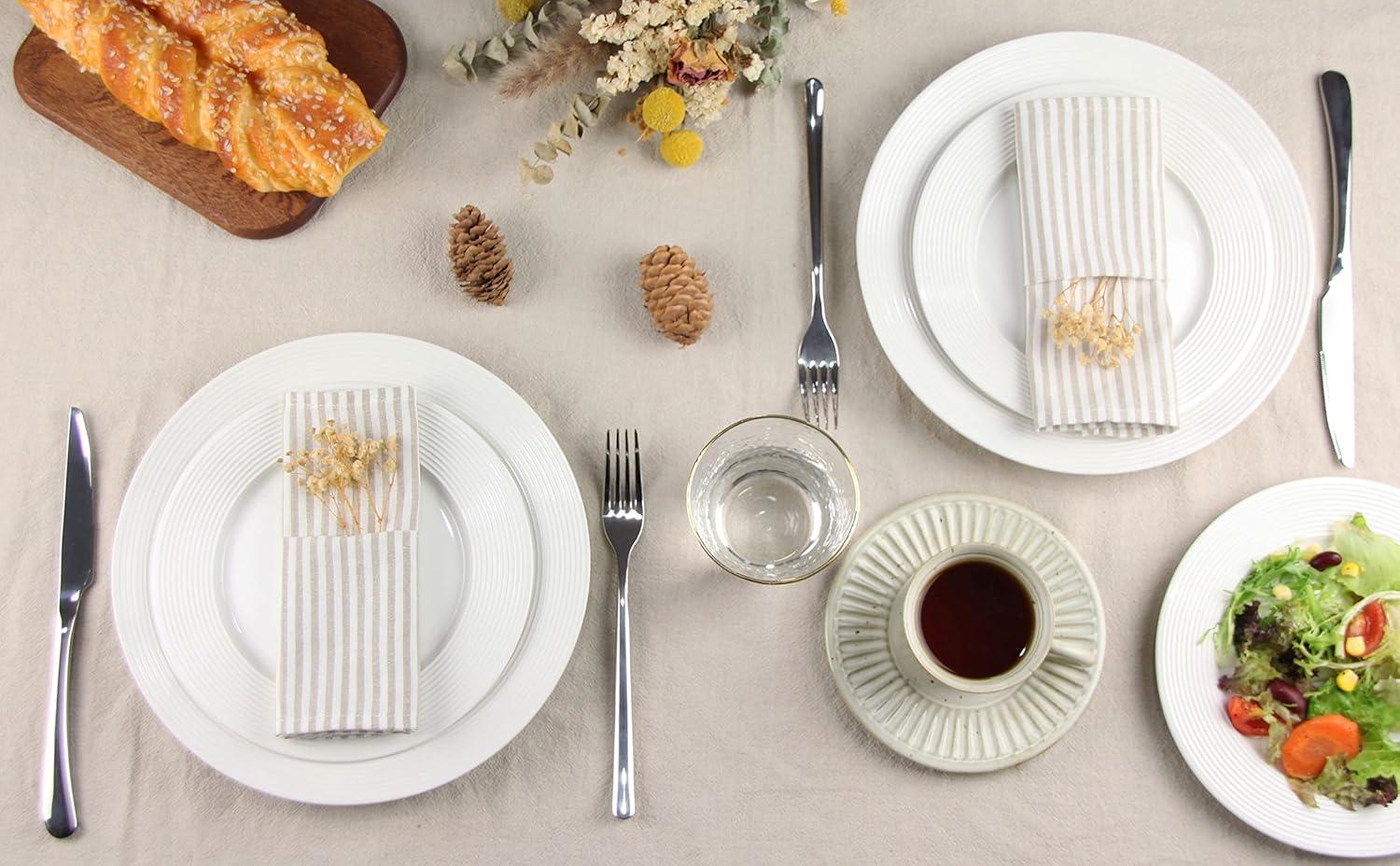 Plain Striped Cotton Linen Blended Dinner Cloth Napkins - Set of 12 (40 x 30 cm) - for Events & Home Use (Beige)