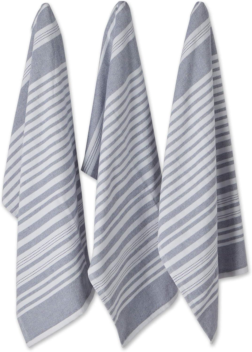 French Blue Cotton Terry Stripe Dishtowel Set, 18x28, 3 Piece