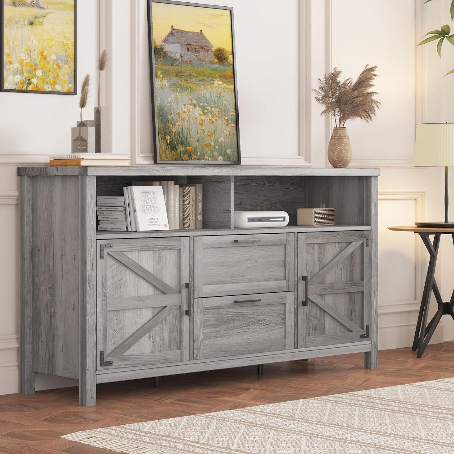 Gray Rustic Farmhouse Barn Door TV Stand with Storage