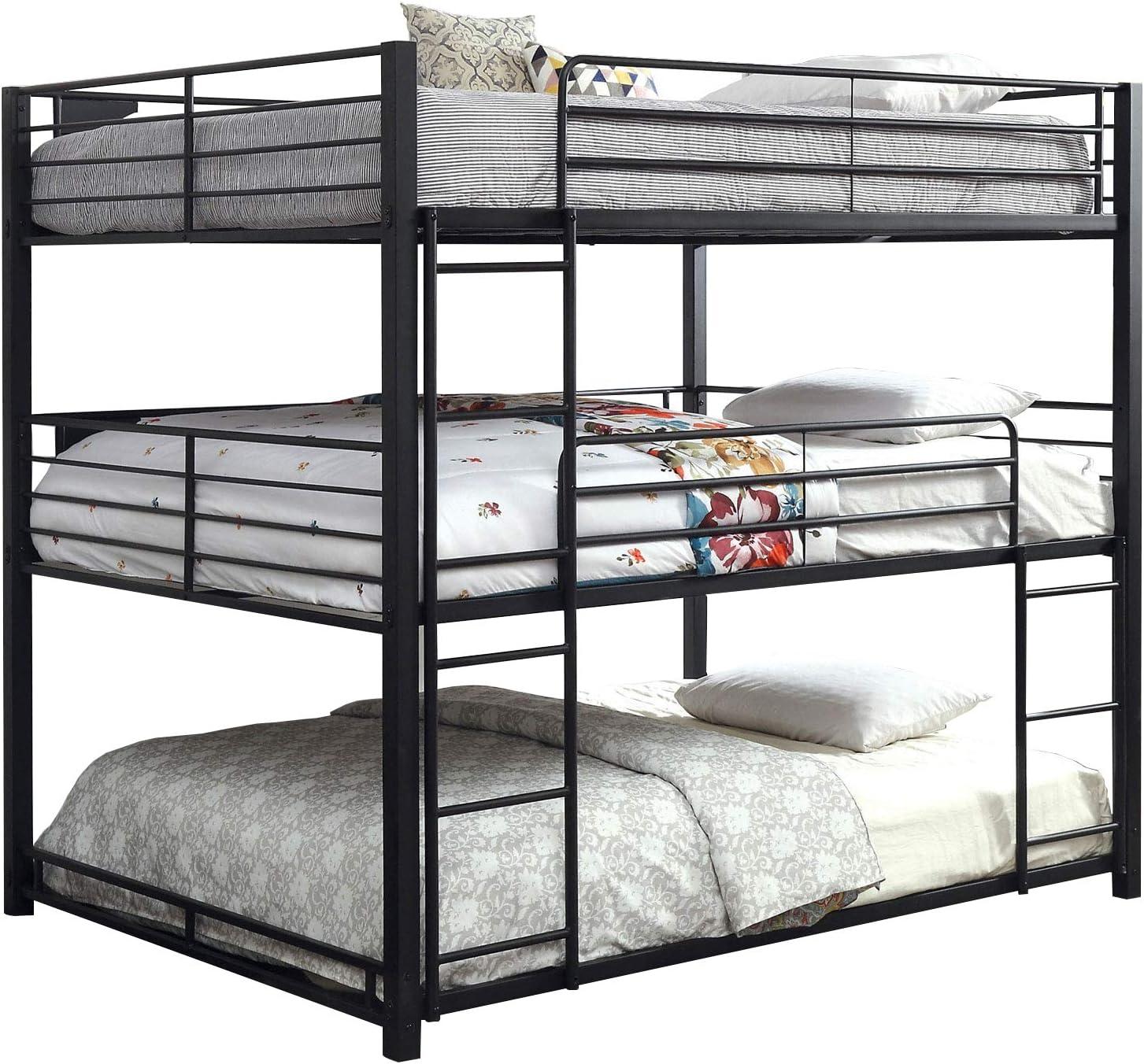 Benjara Industrial Style Queen Triple Decker Bunk Bed with Ladder, Black