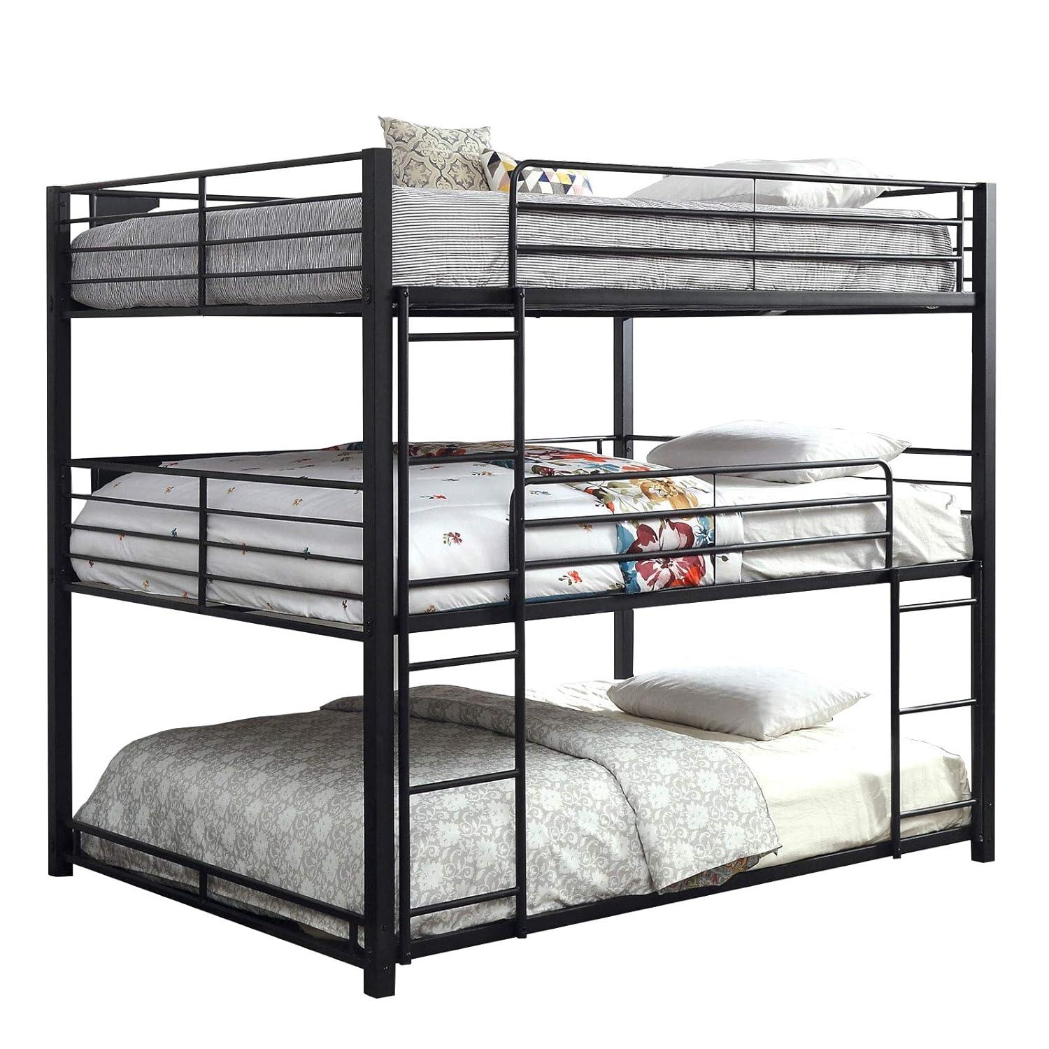 Benjara Industrial Style Queen Triple Decker Bunk Bed with Ladder, Black