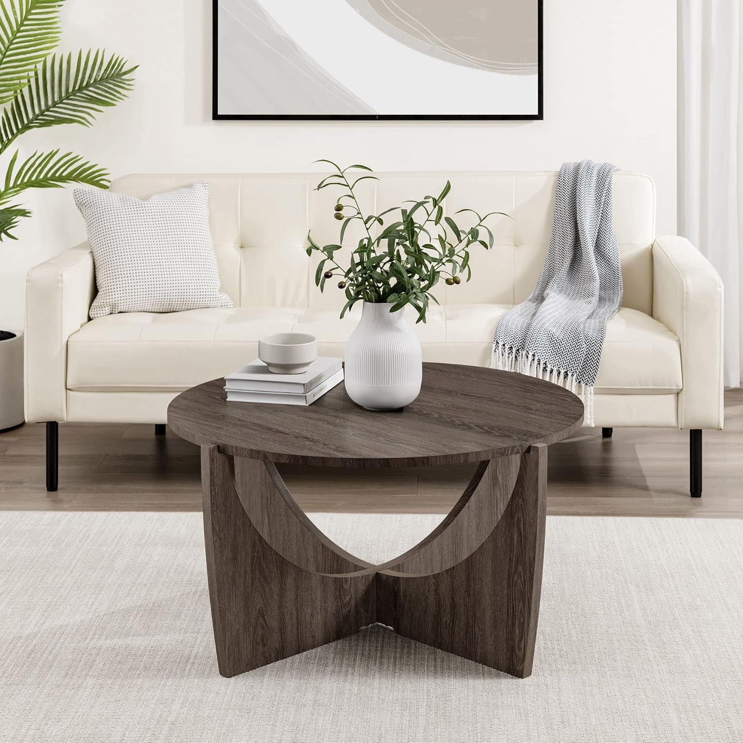 Cerused Ash Round Faux Wood Coffee Table with Open Base