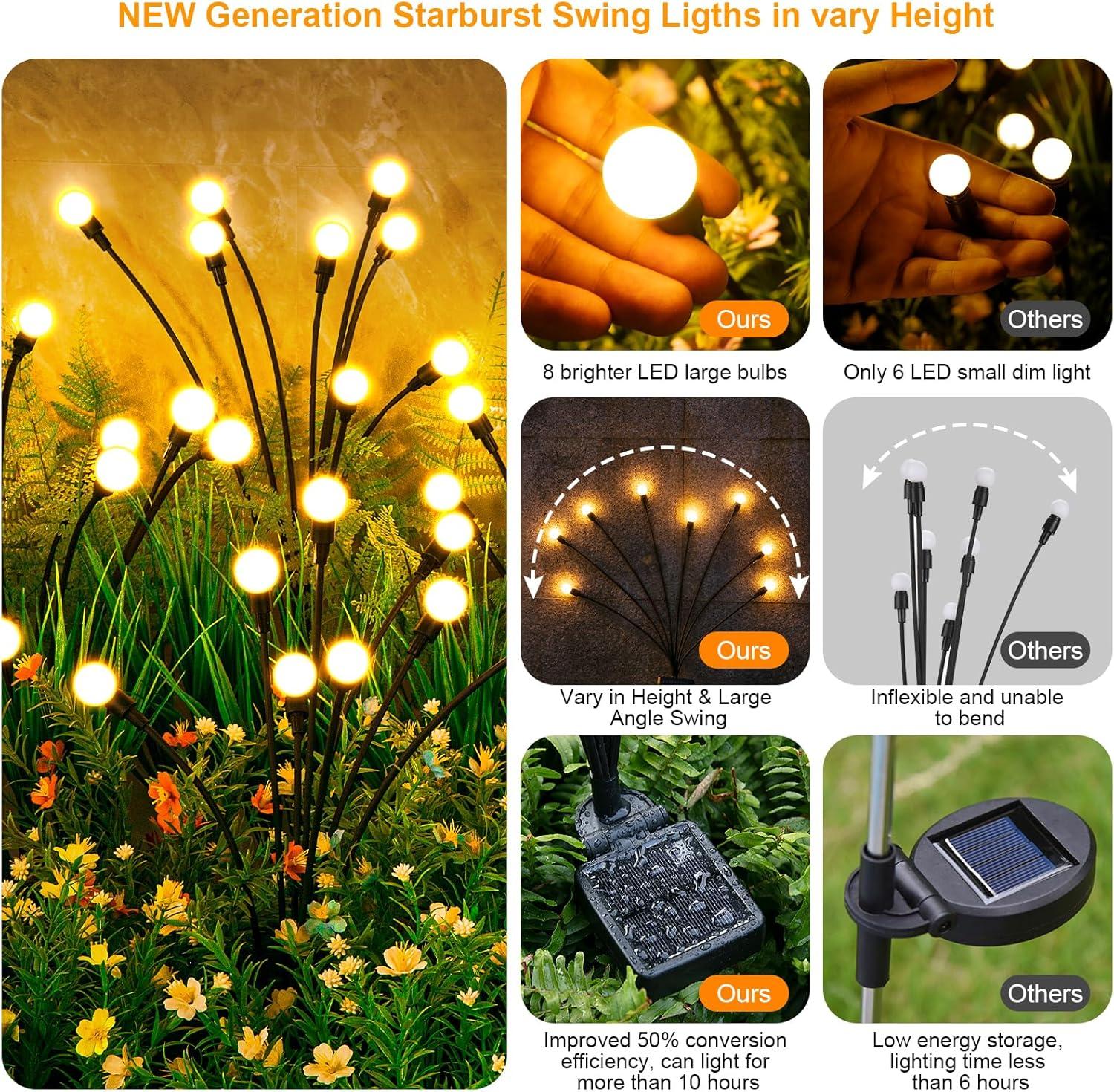 4 Pack Firefly Garden Lights Solar Outdoor: Solar Firefly Lights Outdoor Waterproof, 32 LED Solar Powered Firefly Lights, Swaying by Wind, Solar Lights for Outside Garden Decoration (Warm White)