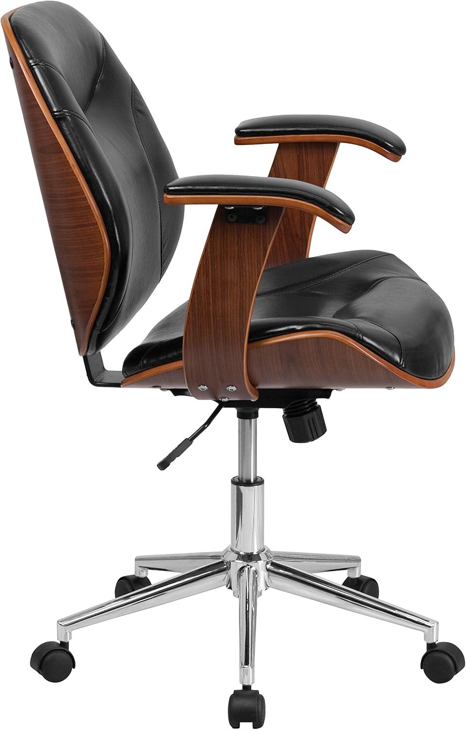 Flash Furniture Tansia Mid-Back Black LeatherSoft Executive Ergonomic Wood Swivel Office Chair with Arms