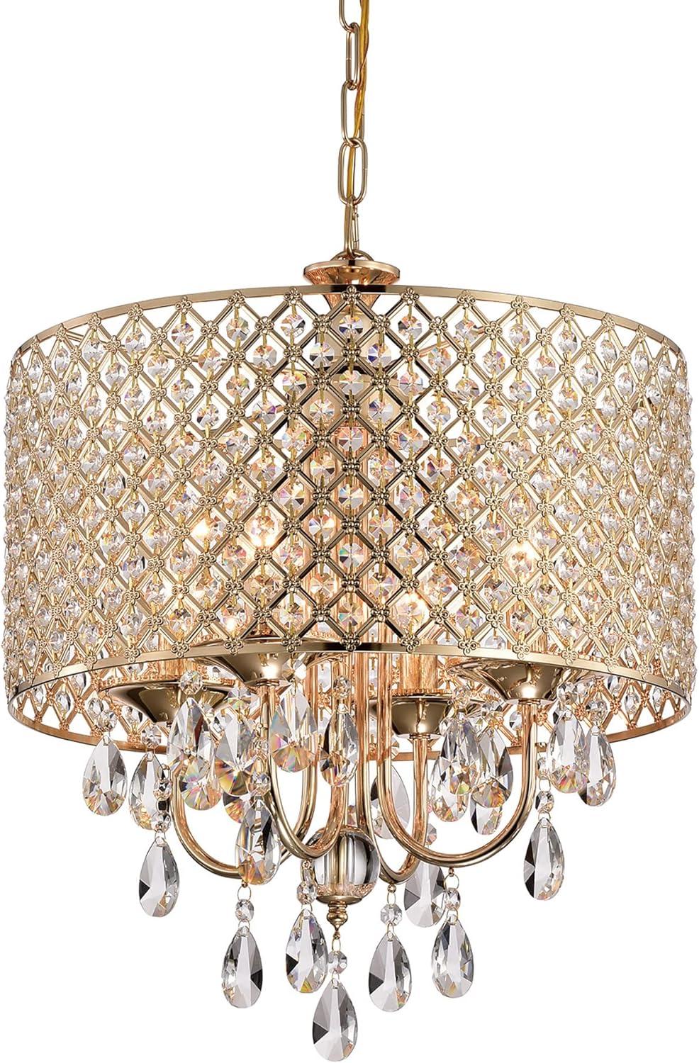 EDVIVI LIGHTING Round Beaded Drum Chandelier with Hanging Crystals Gold 4 17" Gold