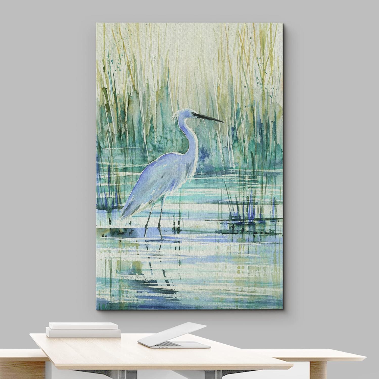 Crane Heron Bird " Watercolor Pastel Swamp Crane Bird In The Pool Modern Rustic Decor "